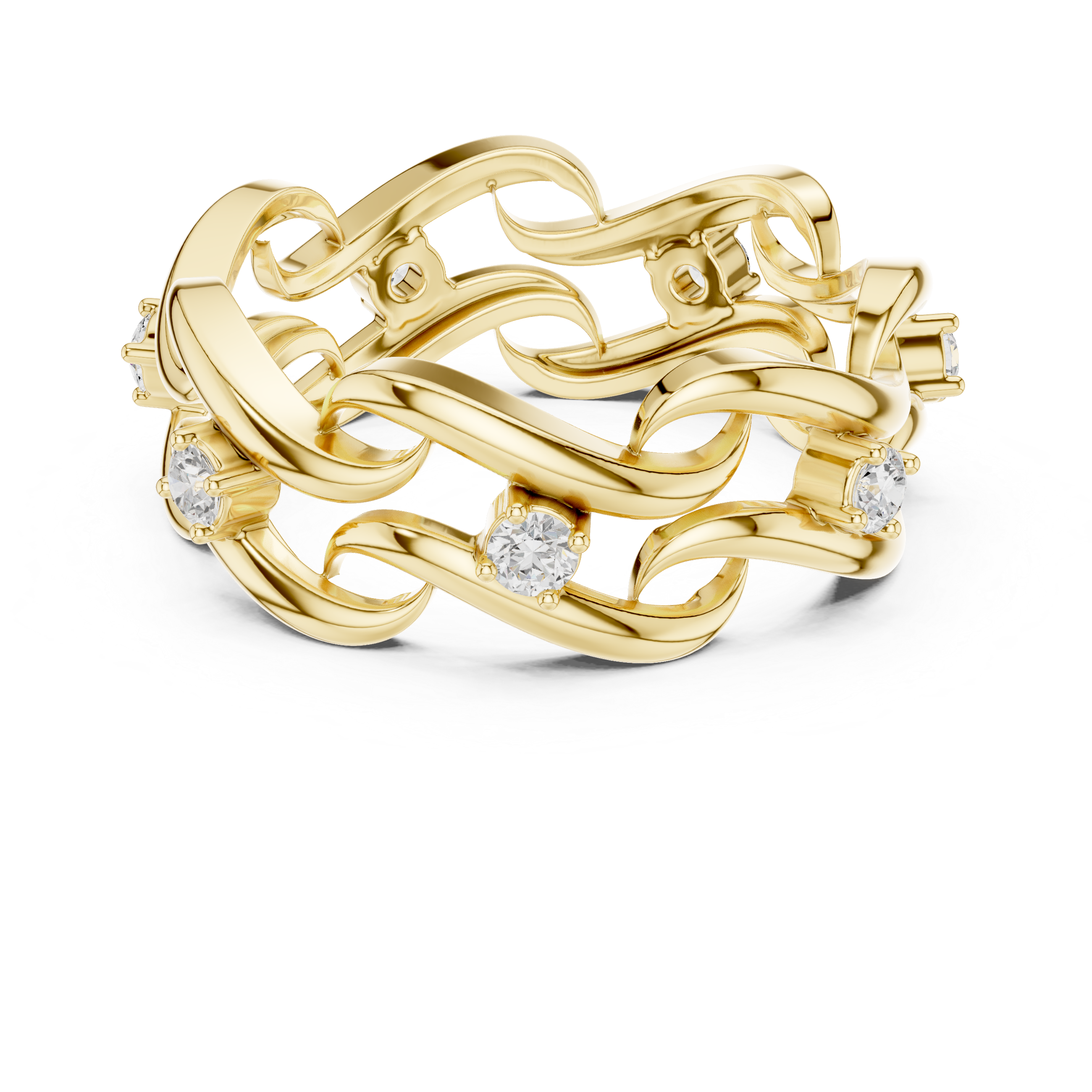 Gold ring with intricate design and embedded diamonds on a white background