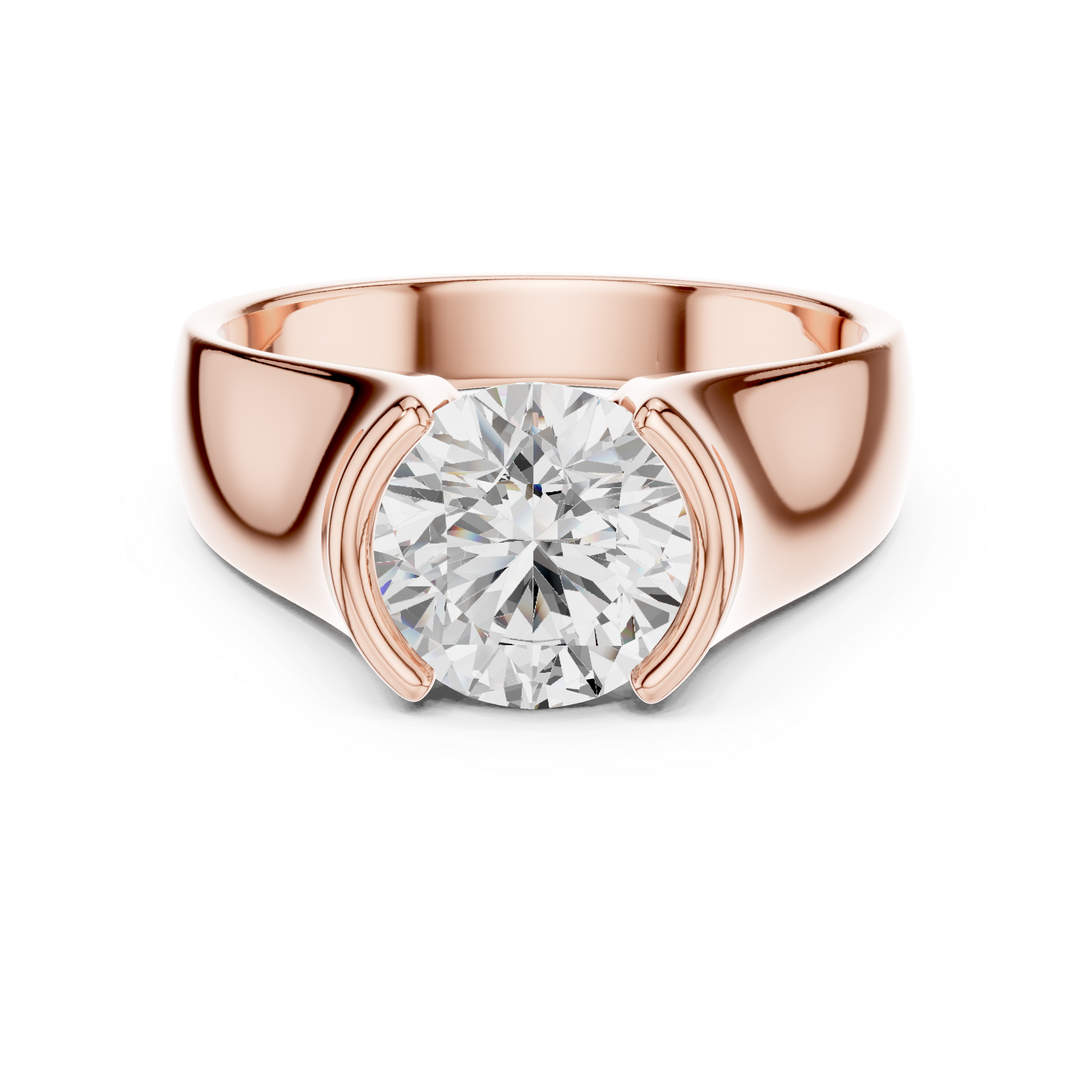 Rose gold ring with a large diamond on a white background
