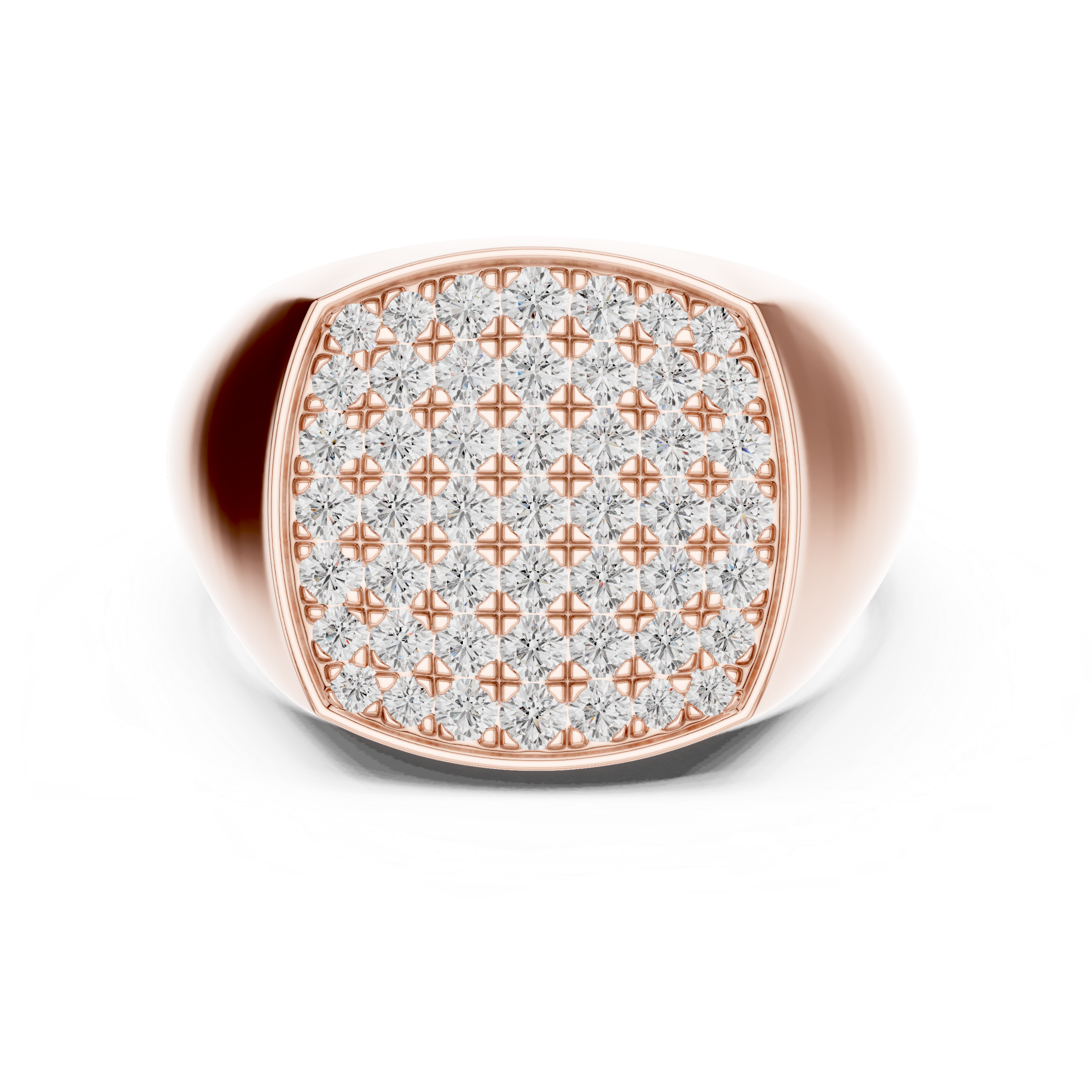 Rose gold ring with diamond pattern on a white background