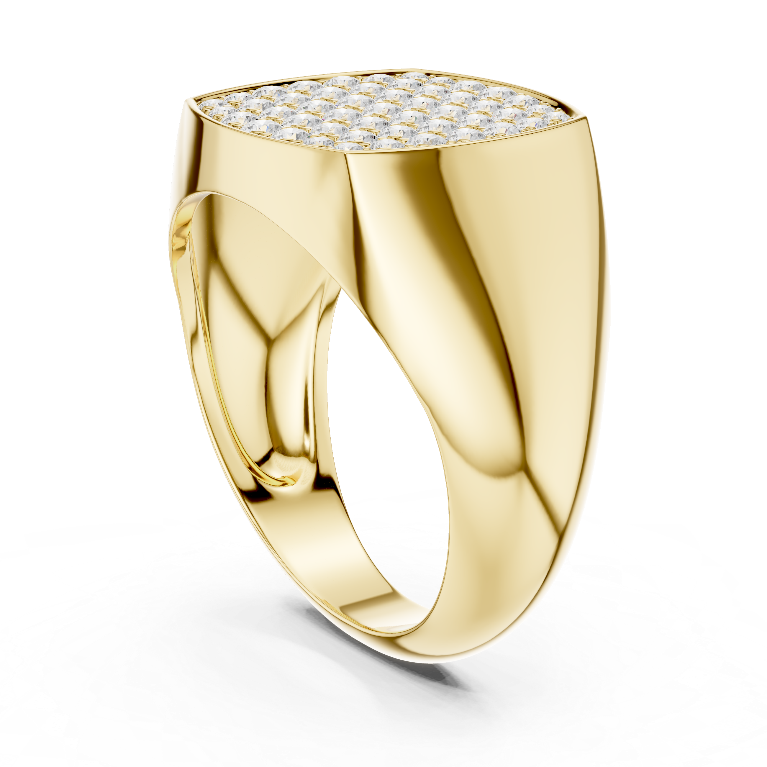 Gold ring with diamond-studded top on a white background