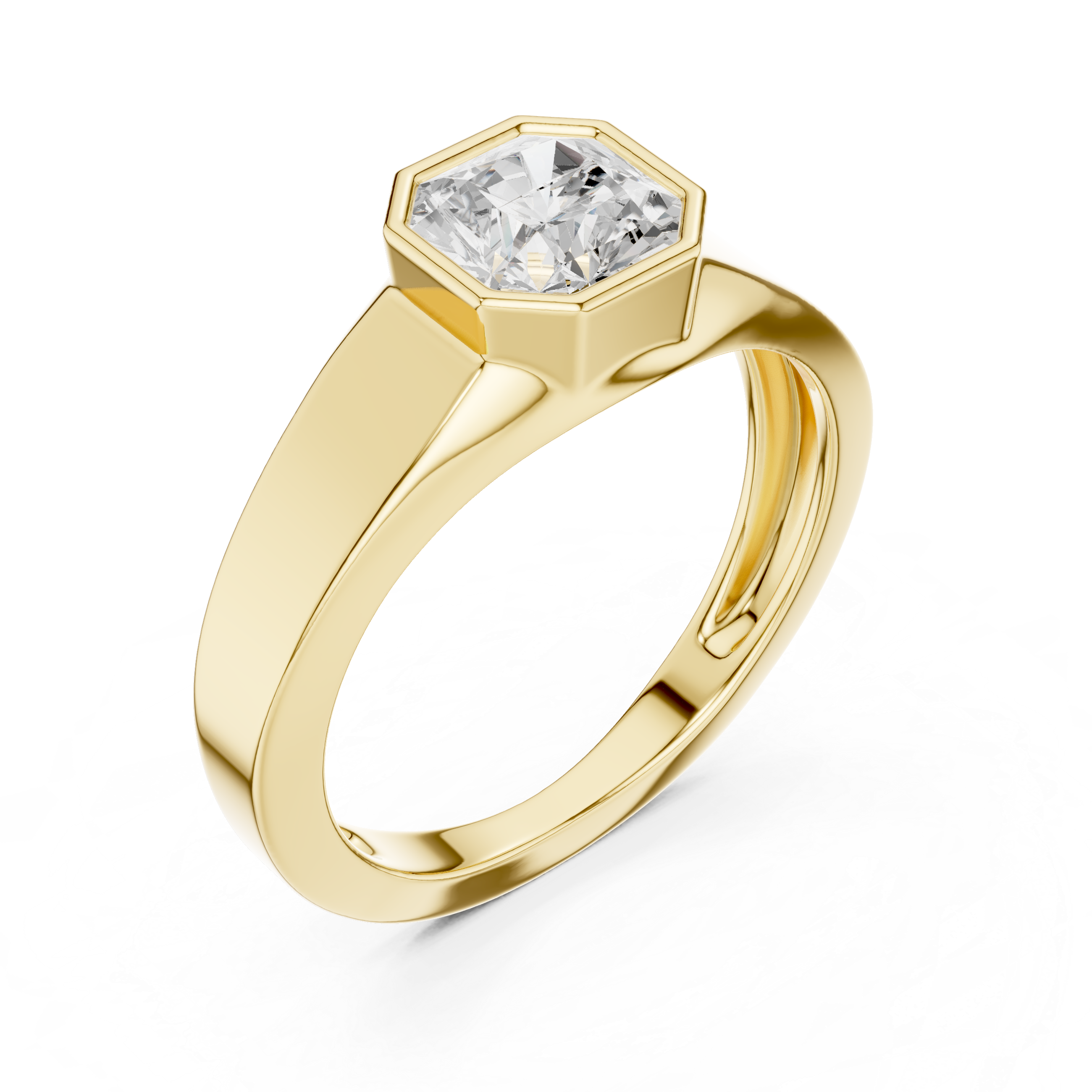 Gold ring with a hexagonal diamond on a white background