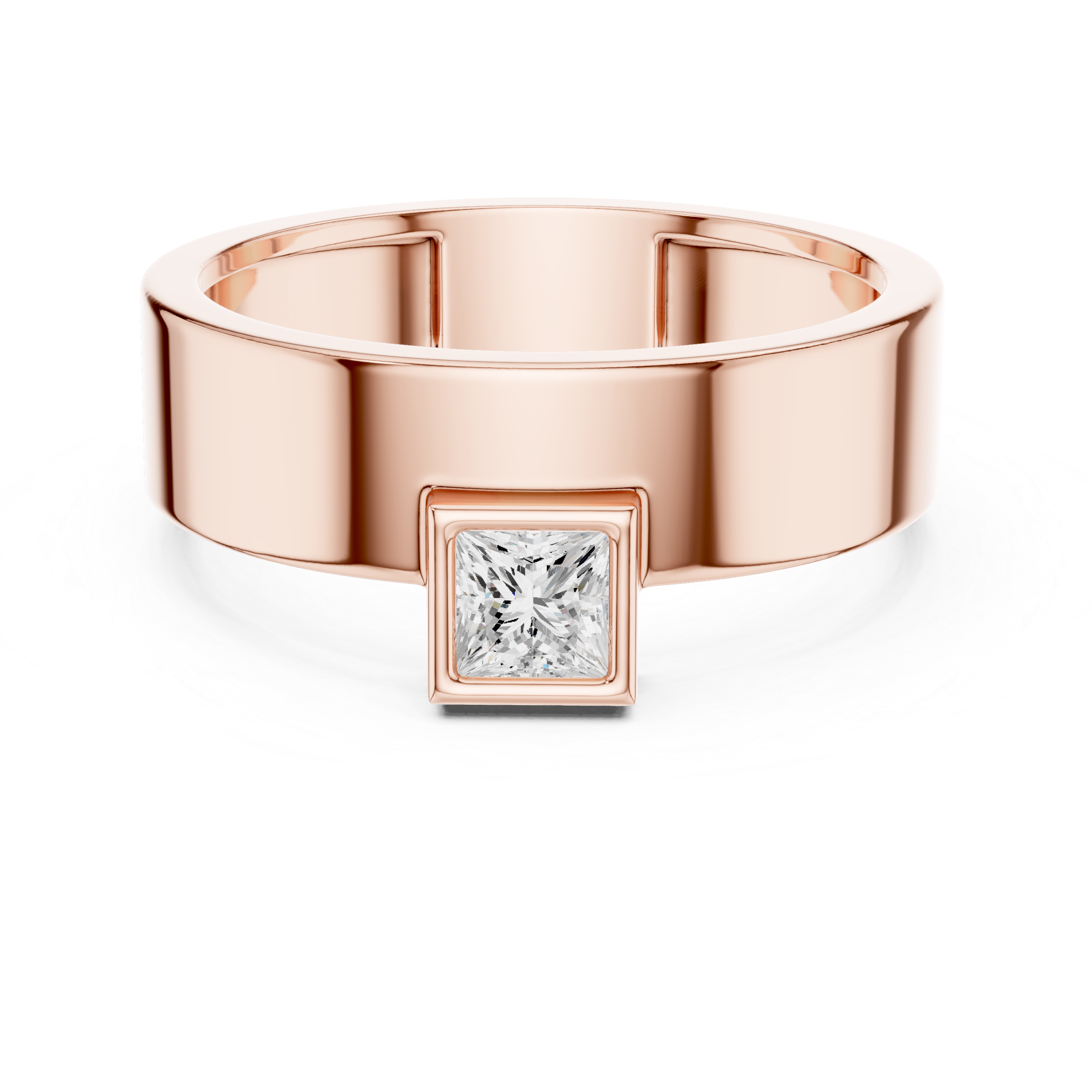 Rose gold ring with a square-cut diamond on a white background