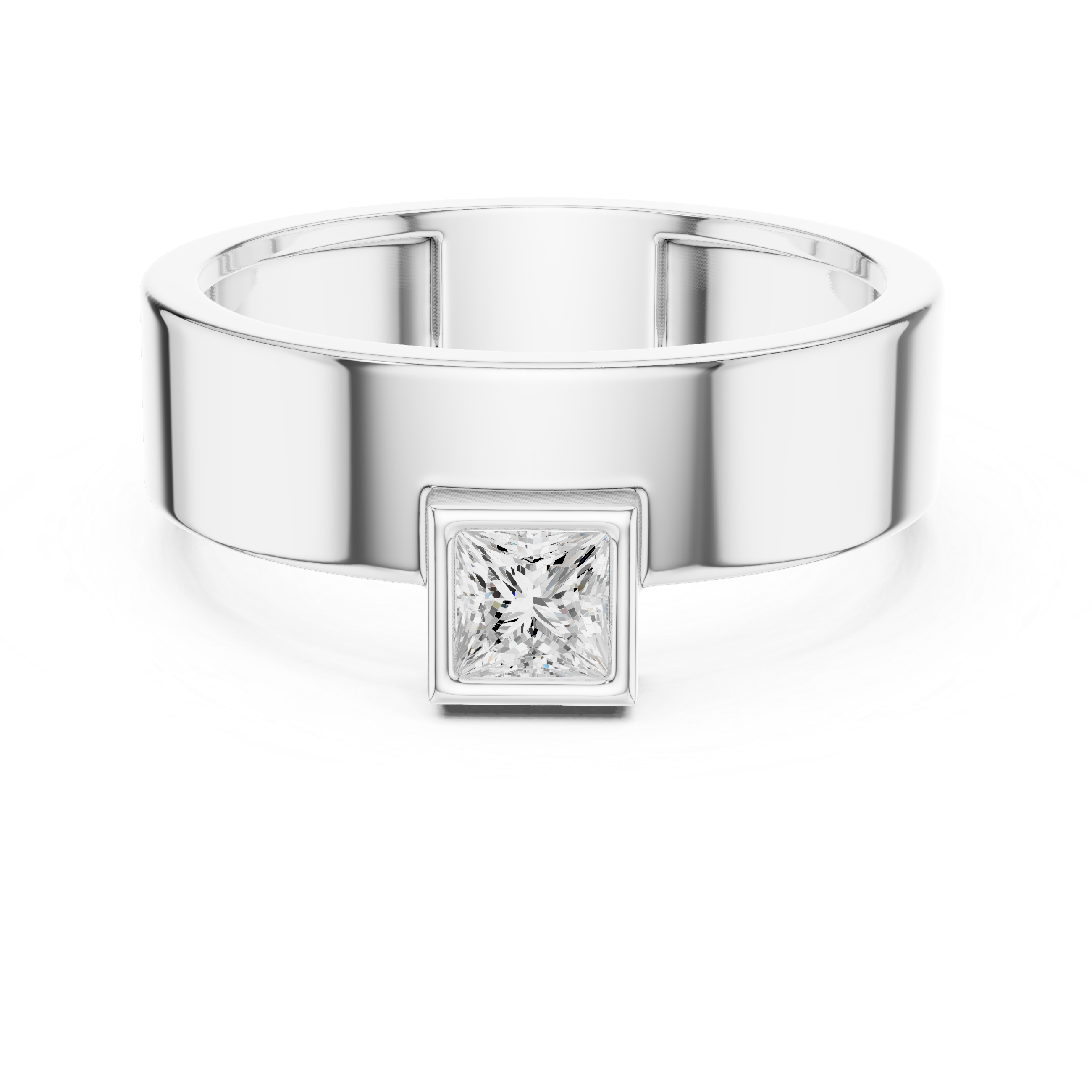 Silver ring with a central diamond on a white background