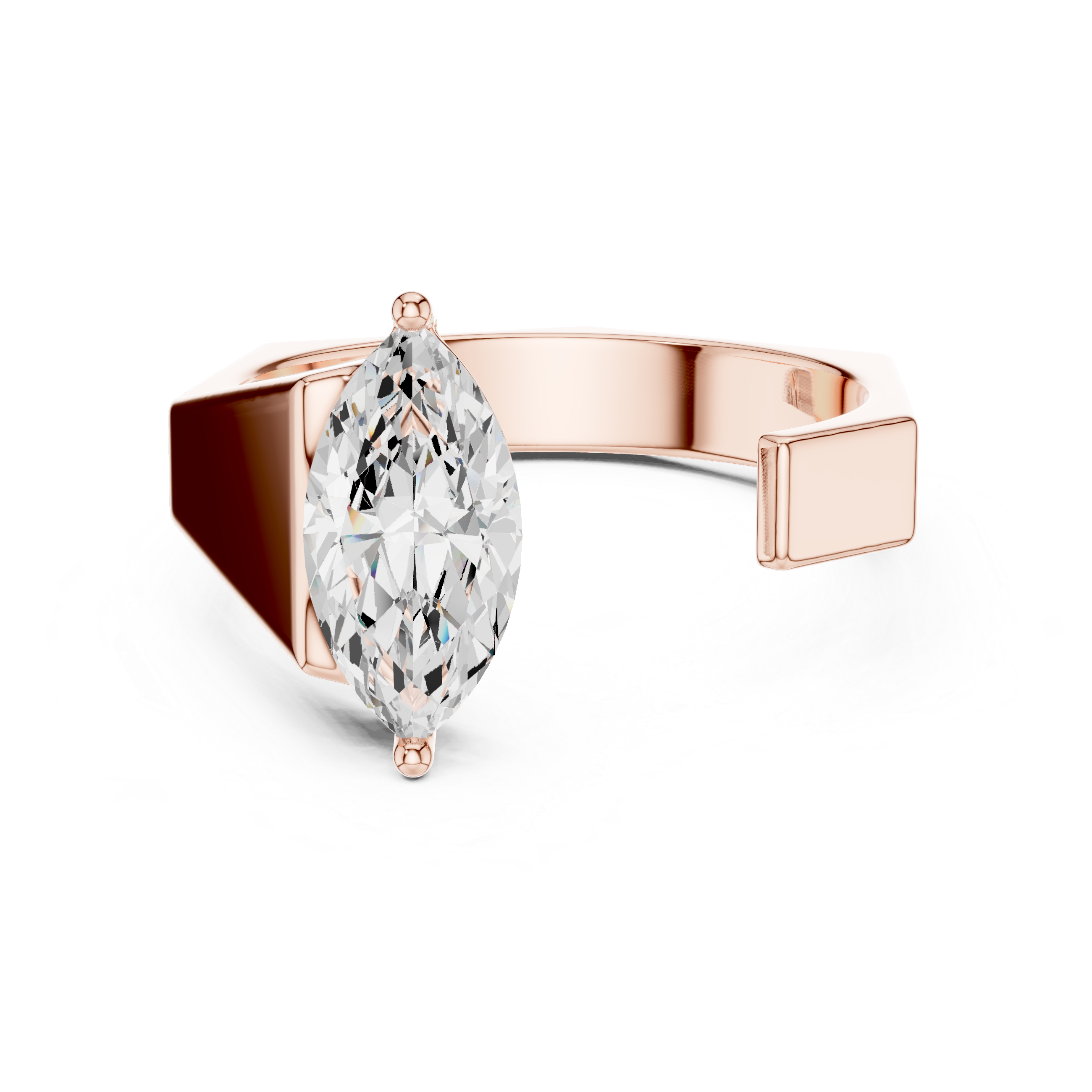 Rose gold ring with a large pear-shaped diamond on a white background