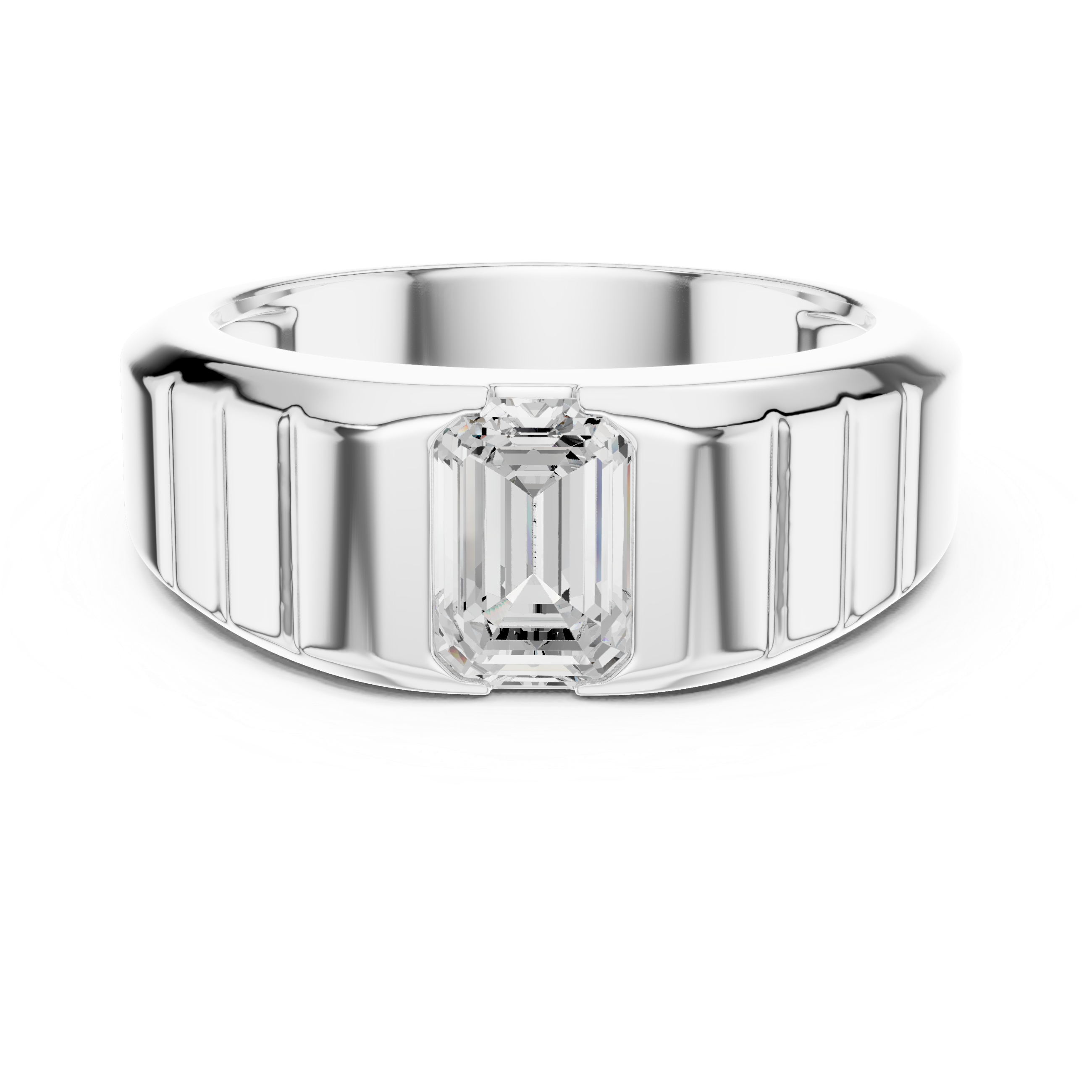 Silver ring with a central diamond on a white background