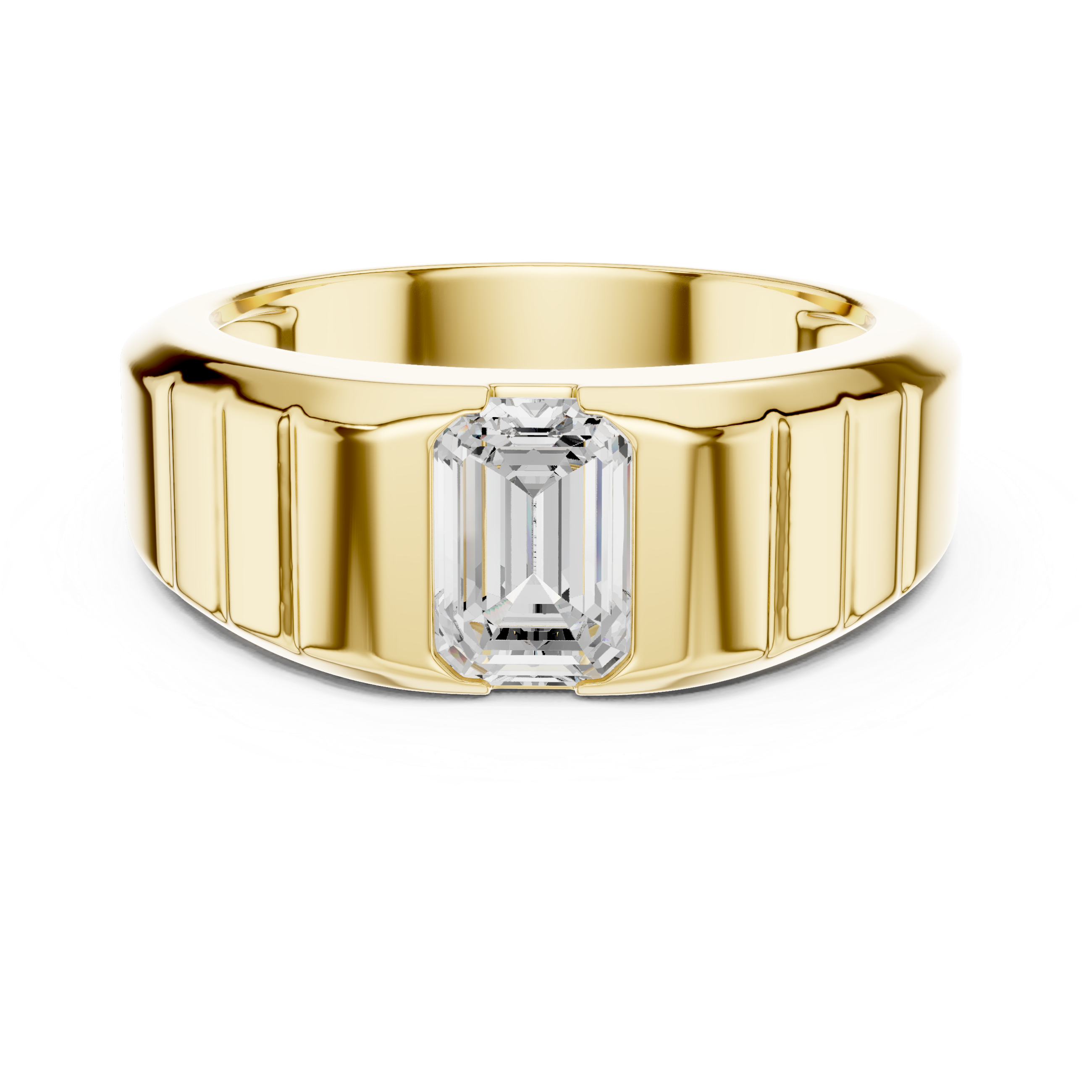 Gold ring with a large diamond on a white background
