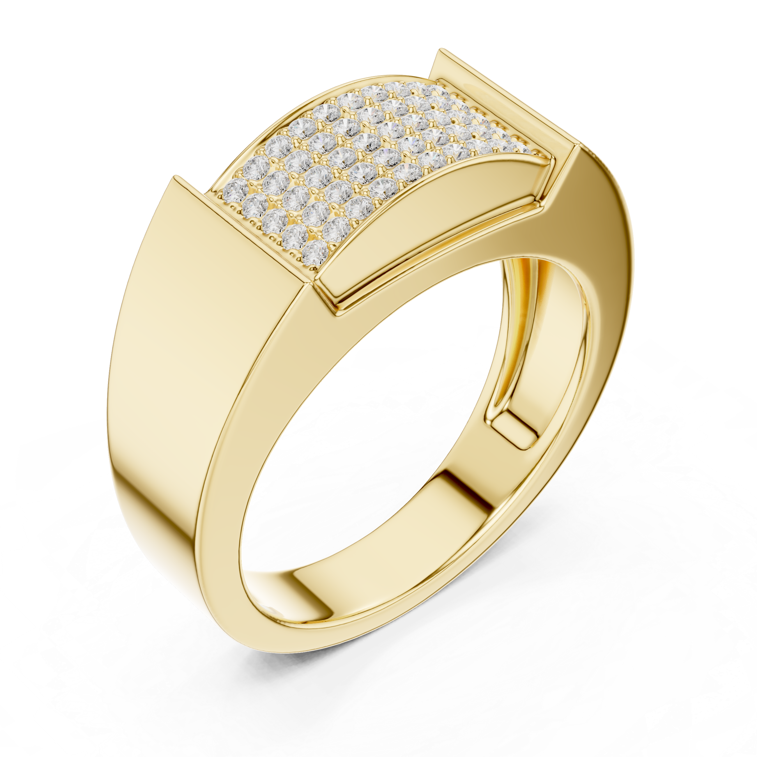 Gold ring with diamond-studded top on a white background