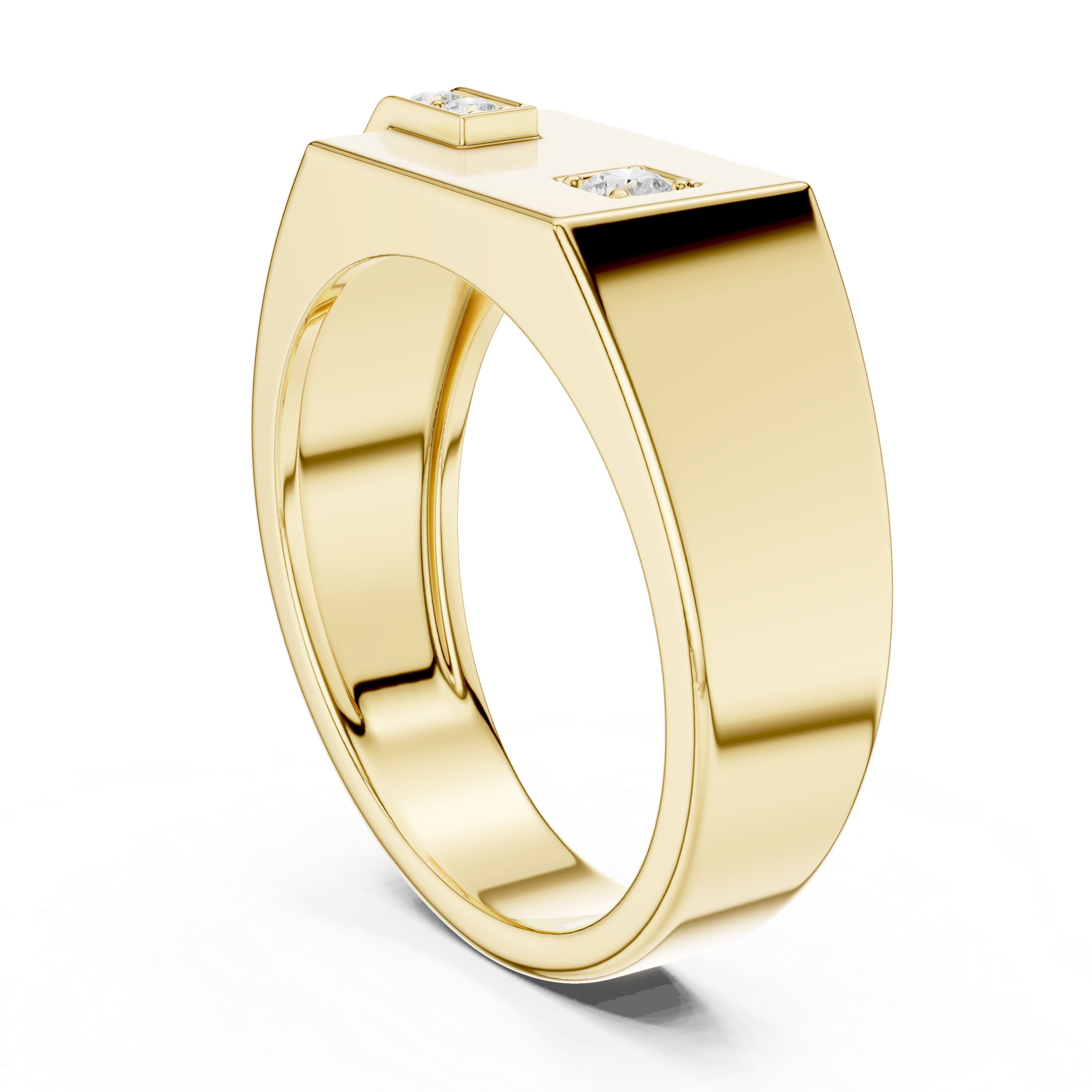 Gold ring with a smooth band and small diamonds on a white background
