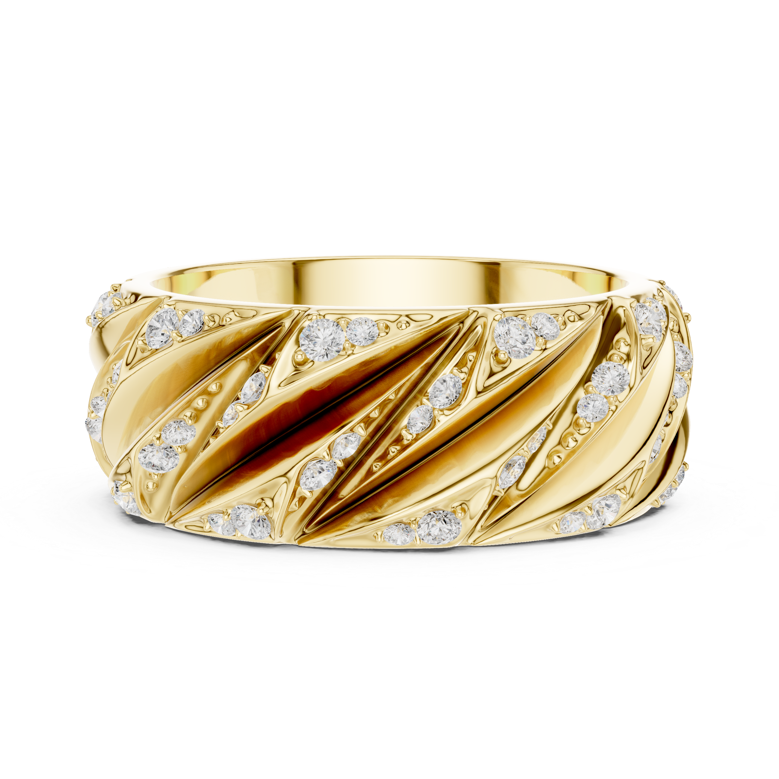 Gold ring with diamond accents on a white background