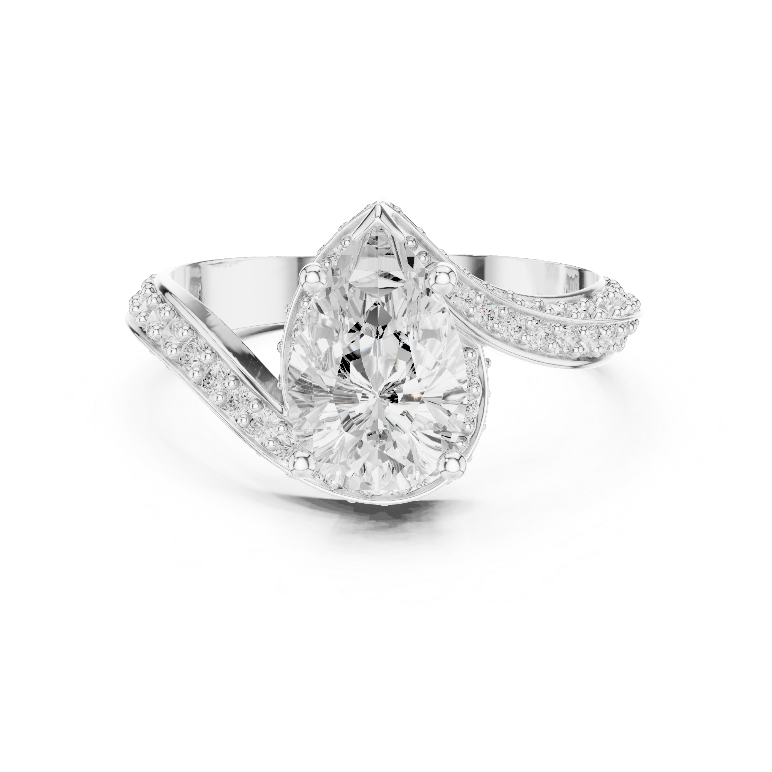 Diamond ring with pear-shaped center stone on a white background
