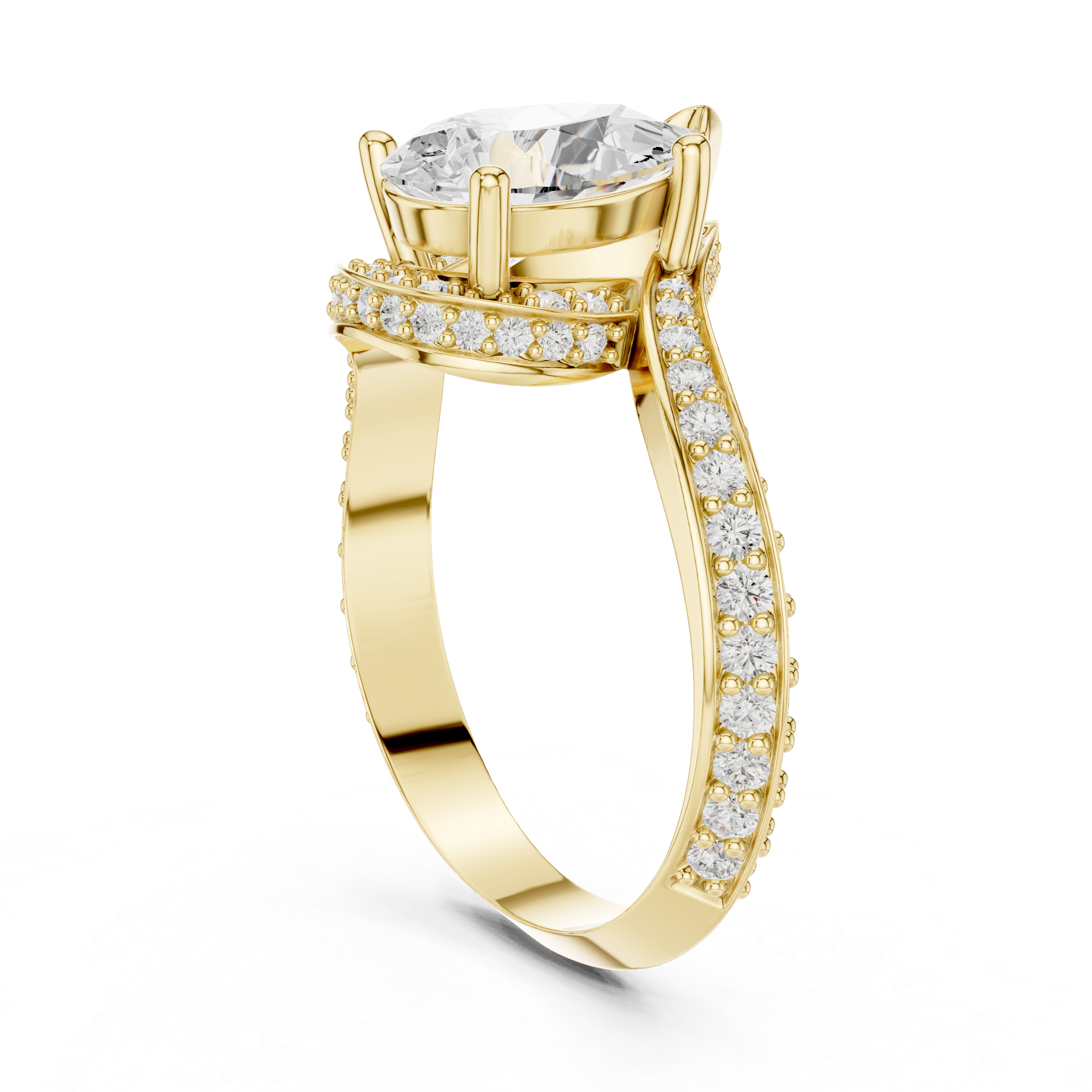 Gold ring with a large central diamond and smaller diamonds on the band against a white background