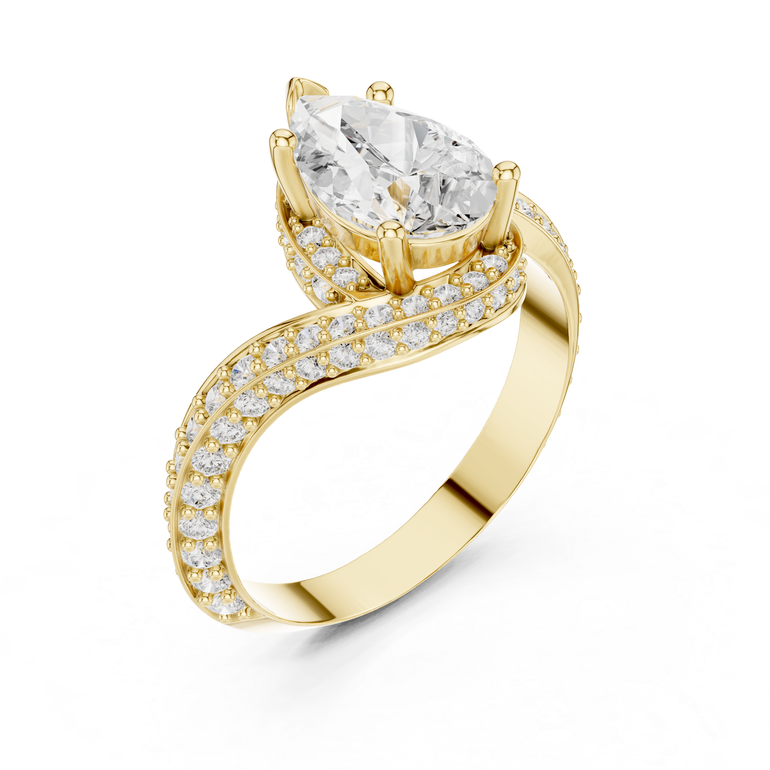 Gold ring with a large diamond and smaller diamonds on a white background