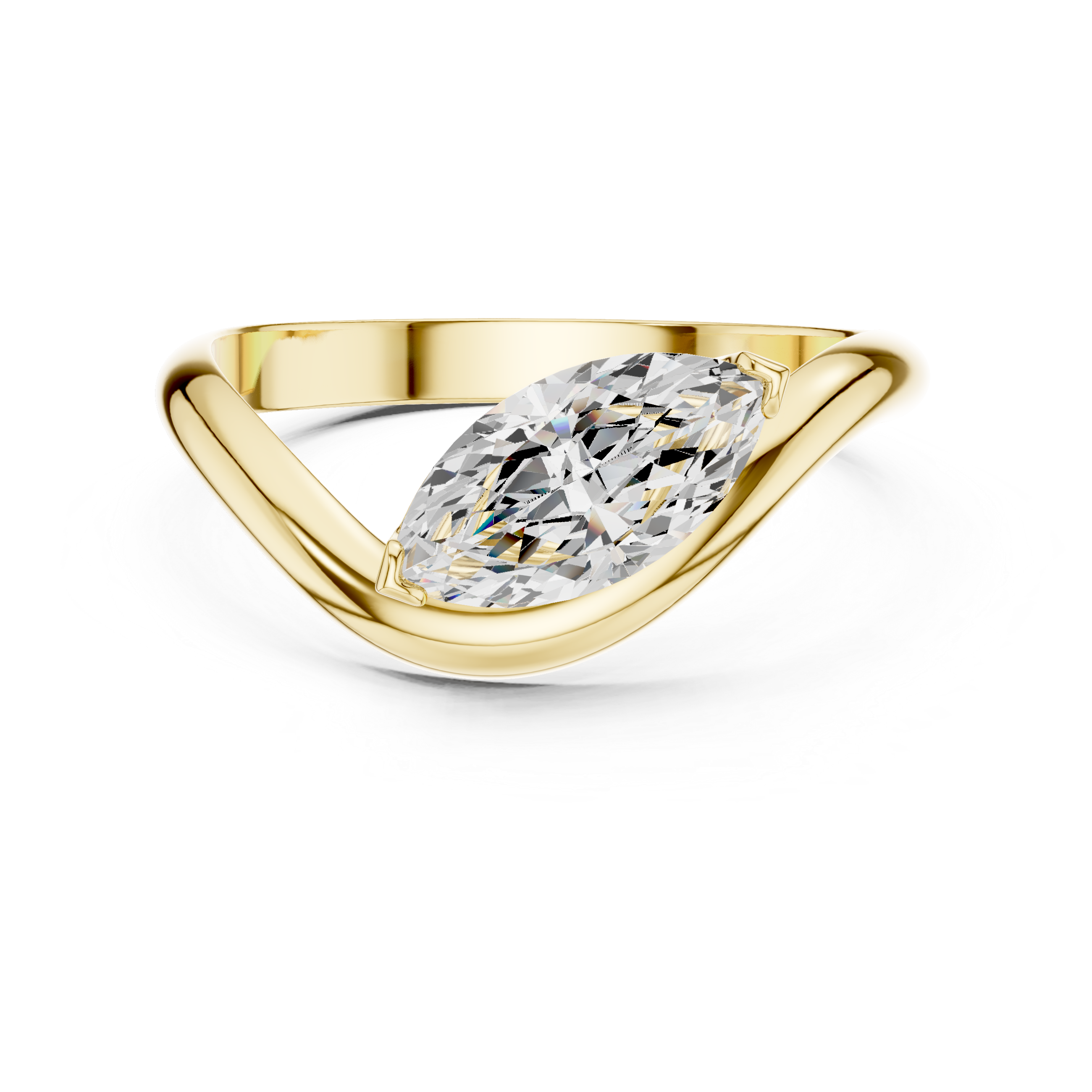 Rose gold ring with a large diamond on a white background