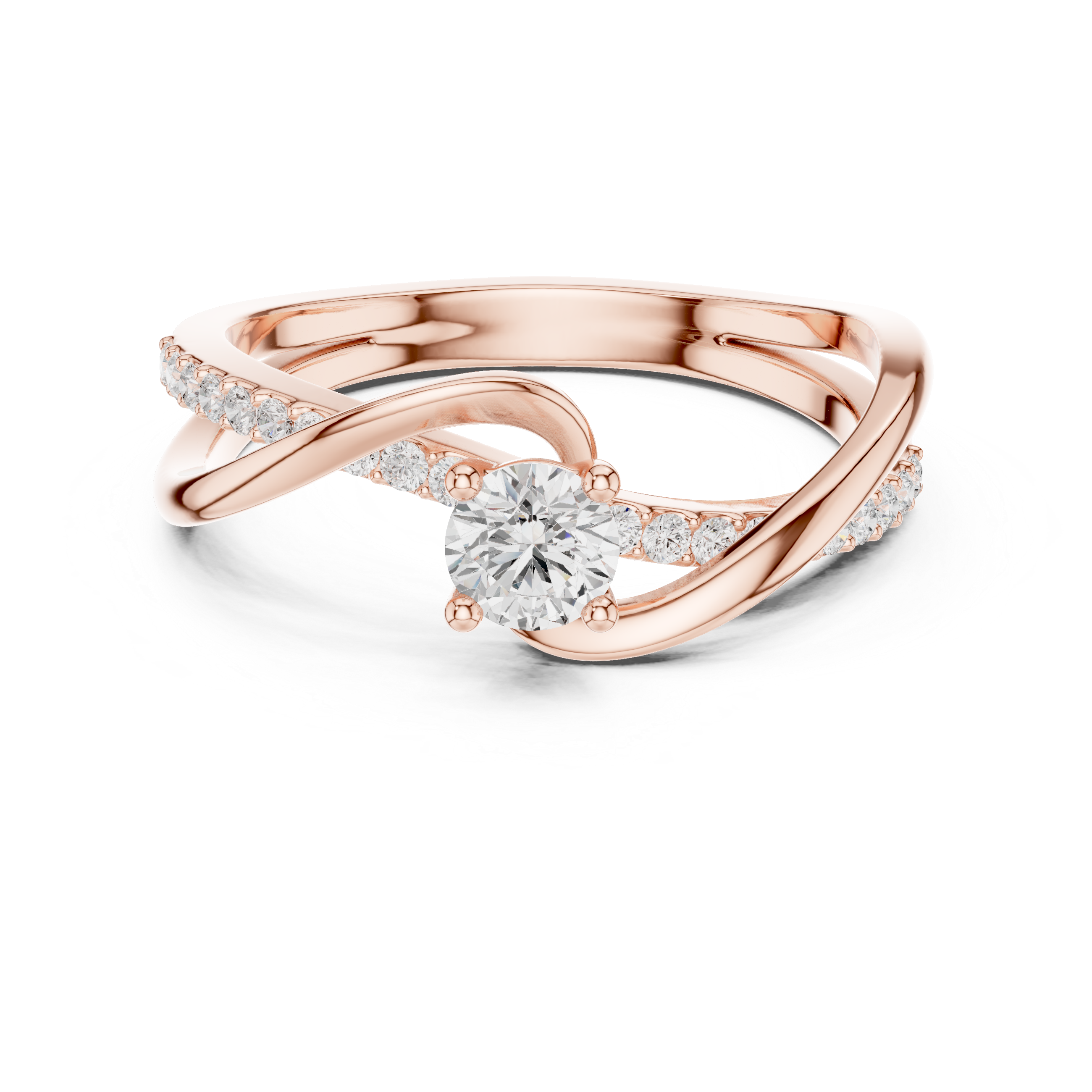 Rose gold ring with a diamond on a white background