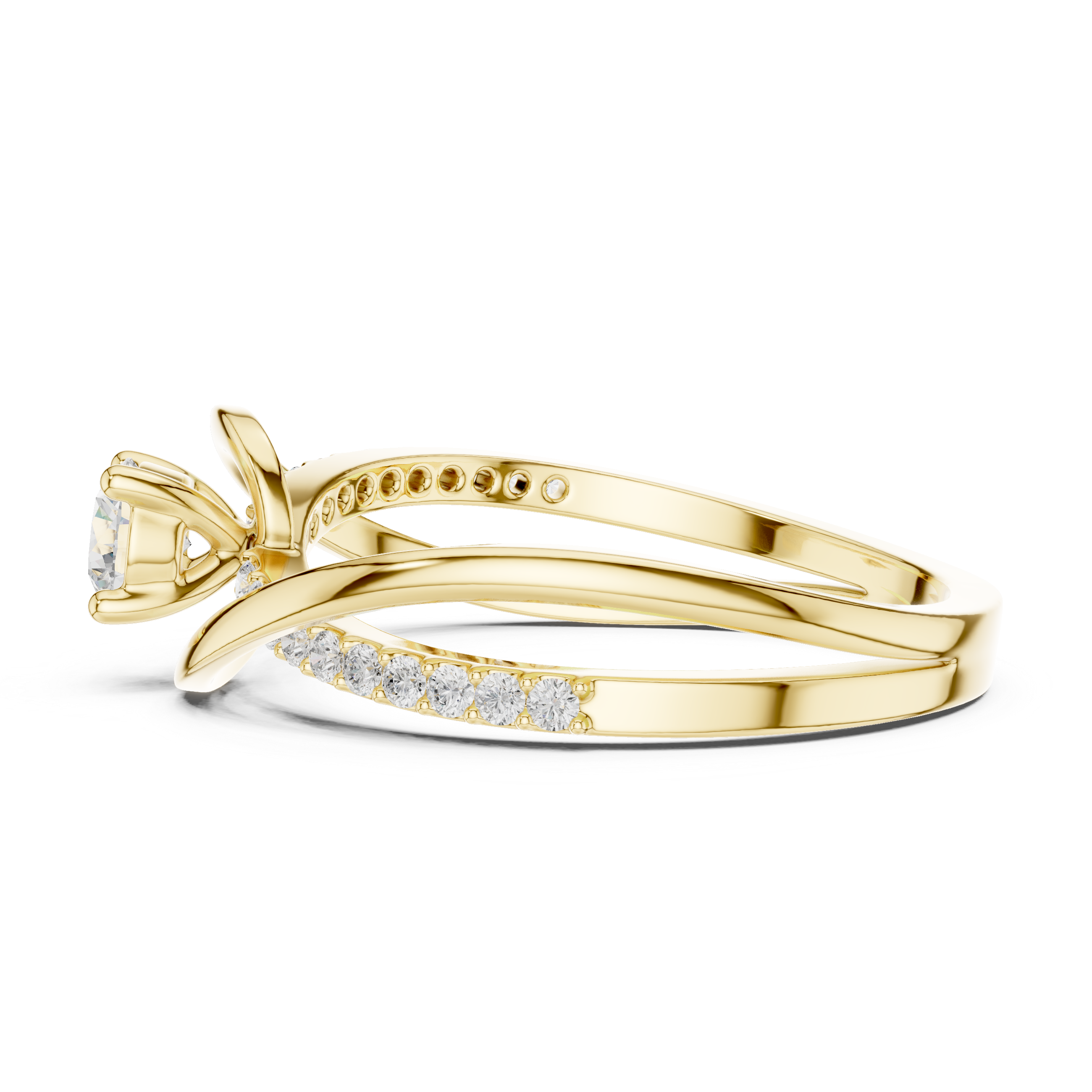 Gold ring with diamond accents on a white background