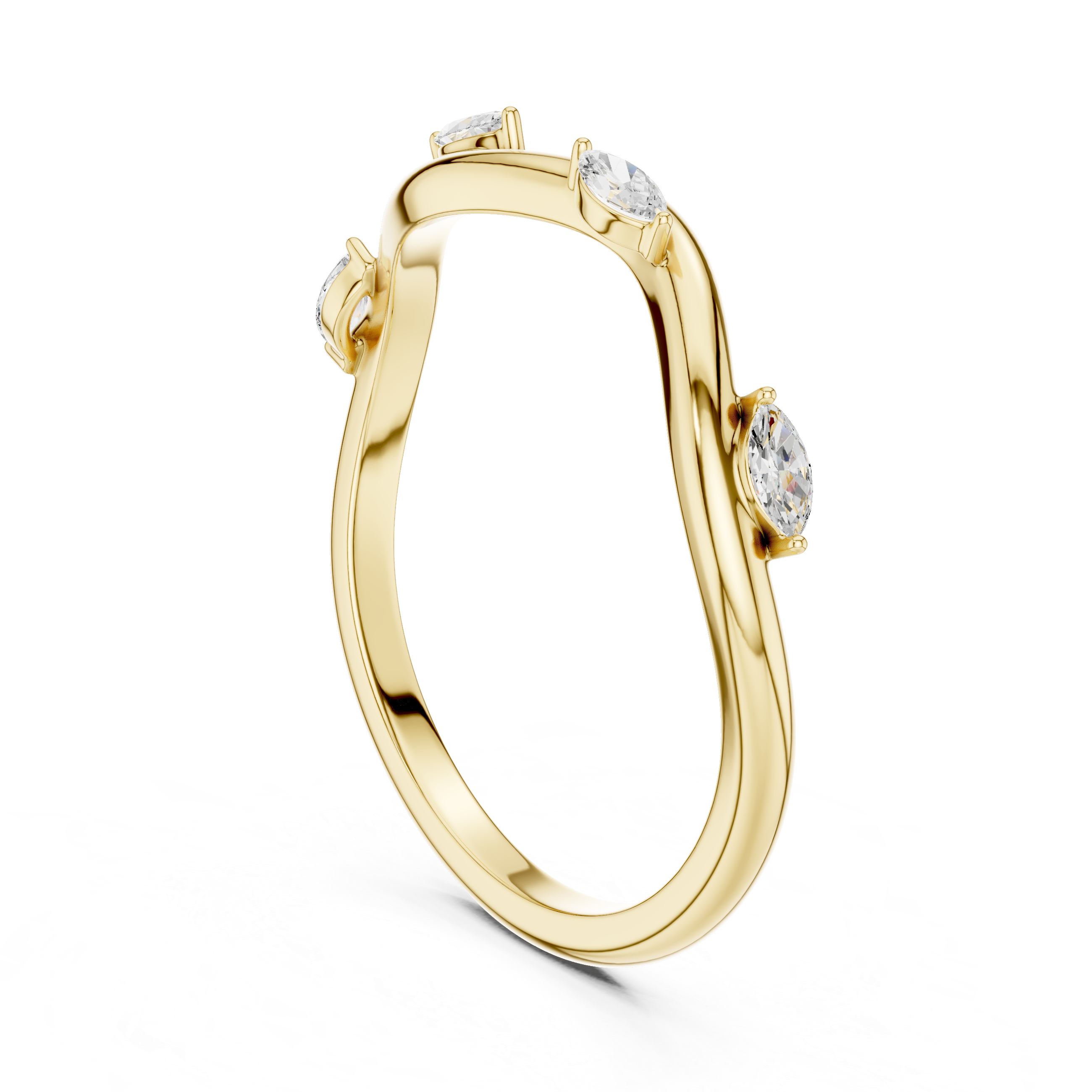 Gold ring with three clear gemstones on a white background