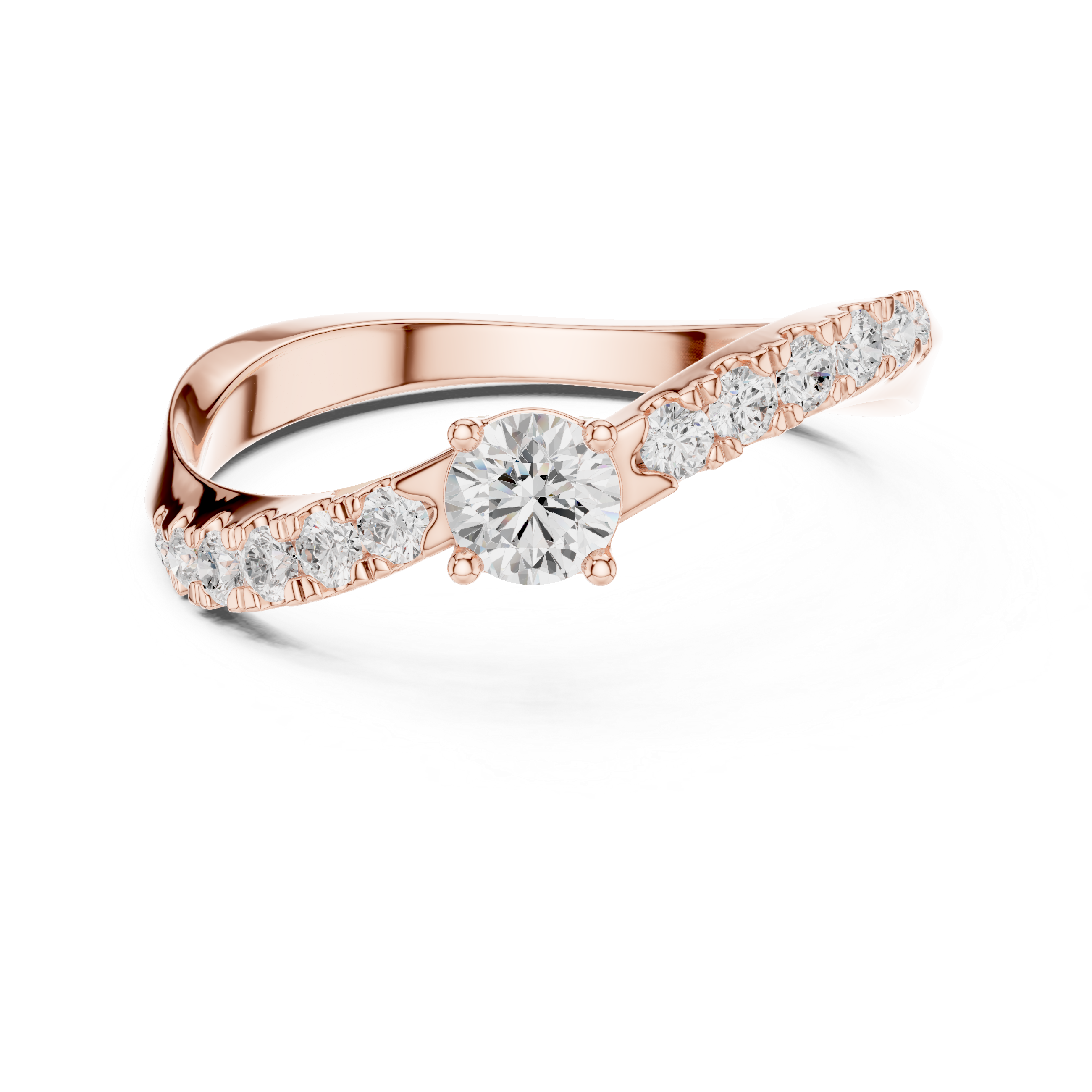 Rose gold ring with diamonds on a white background