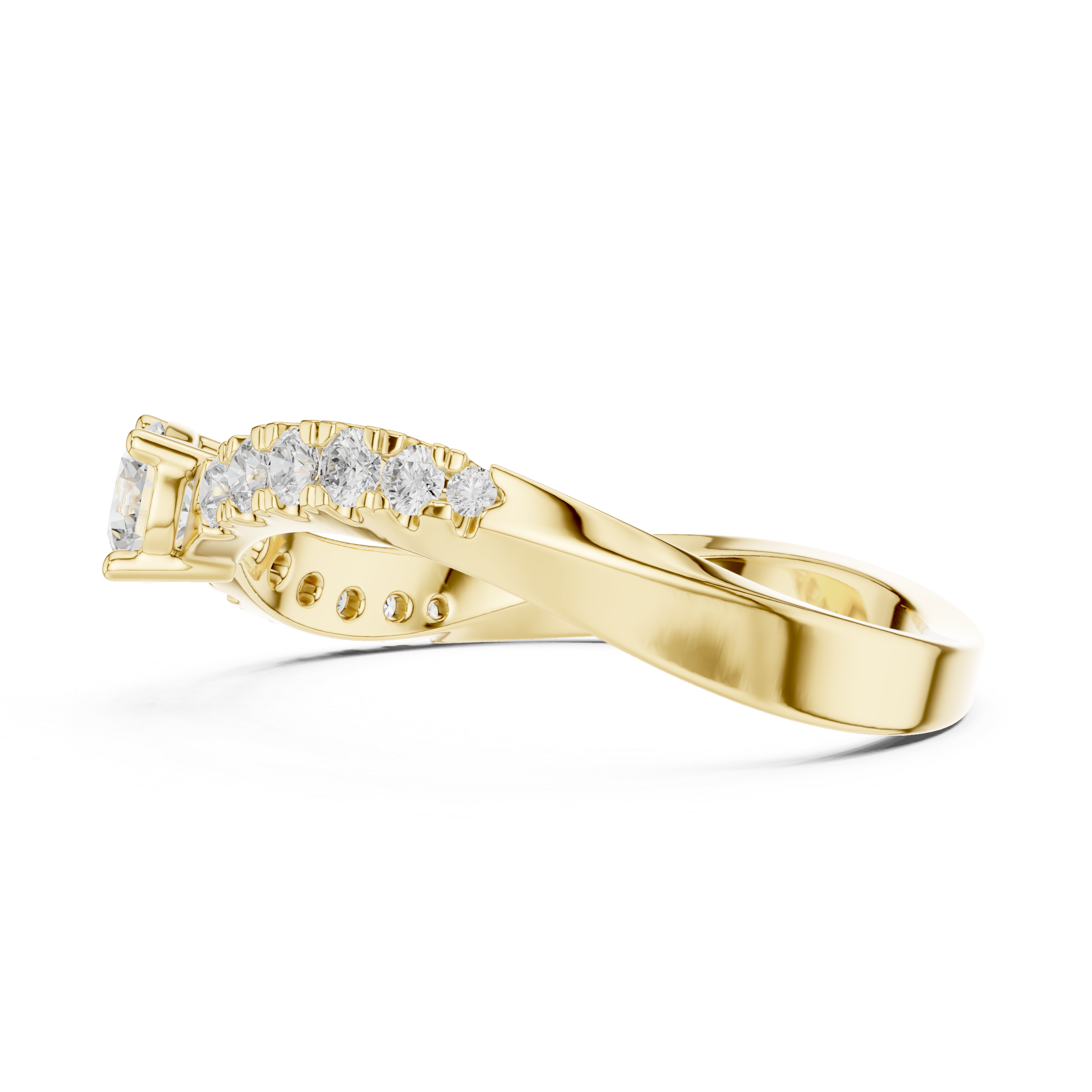 Gold ring with diamond accents on a white background