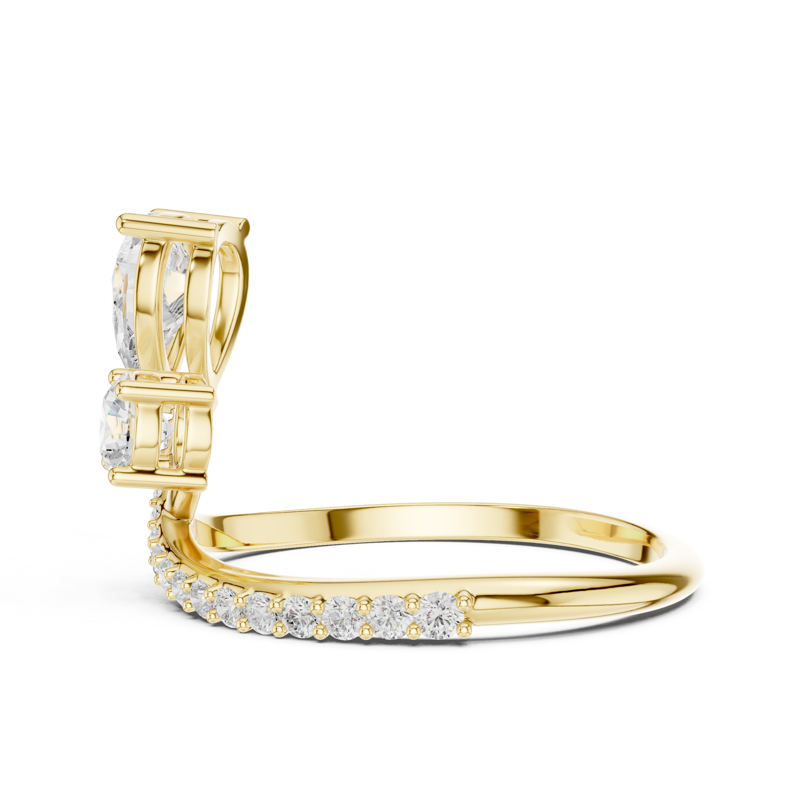 Gold ring with diamond accents on a white background