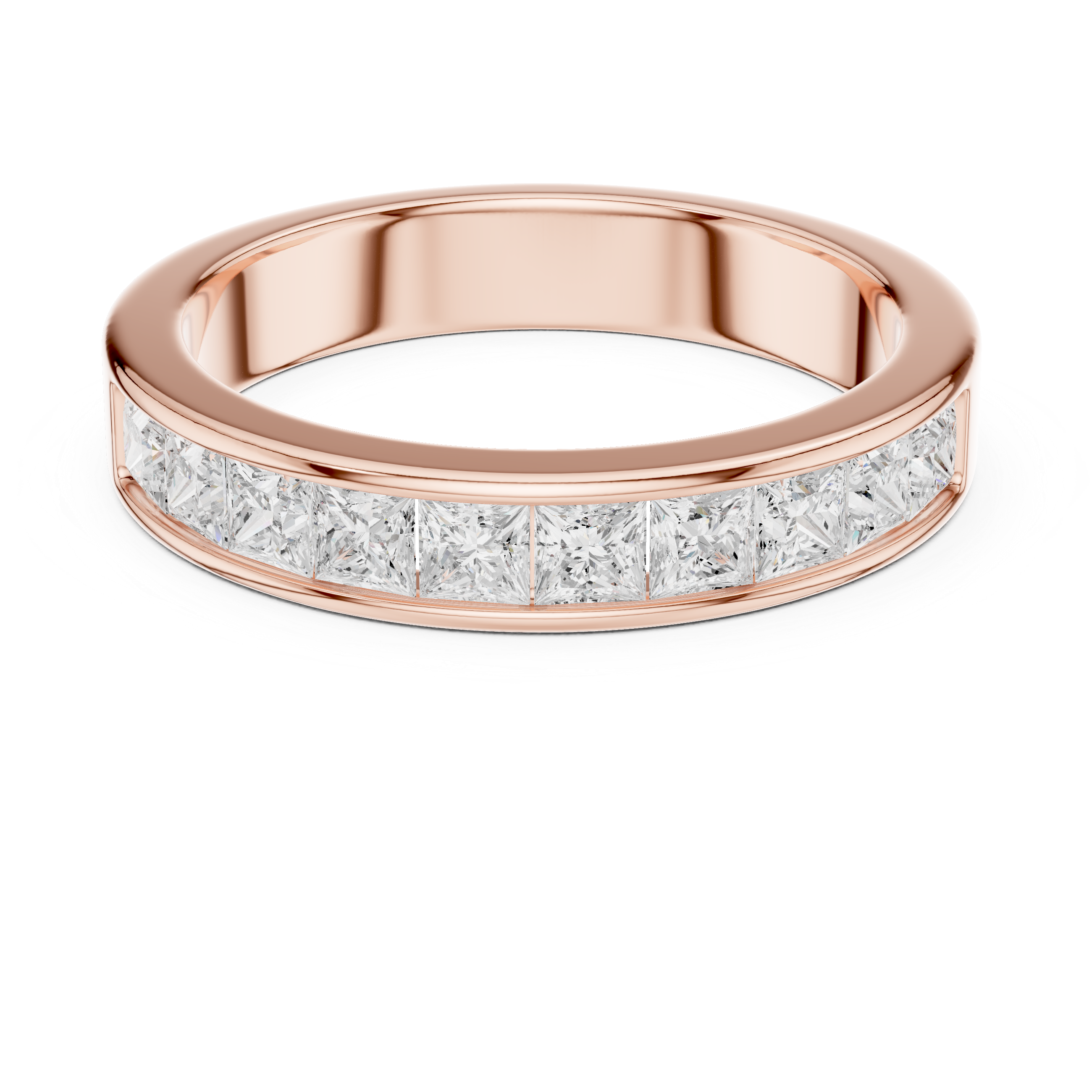 Rose gold ring with diamond accents on a white background