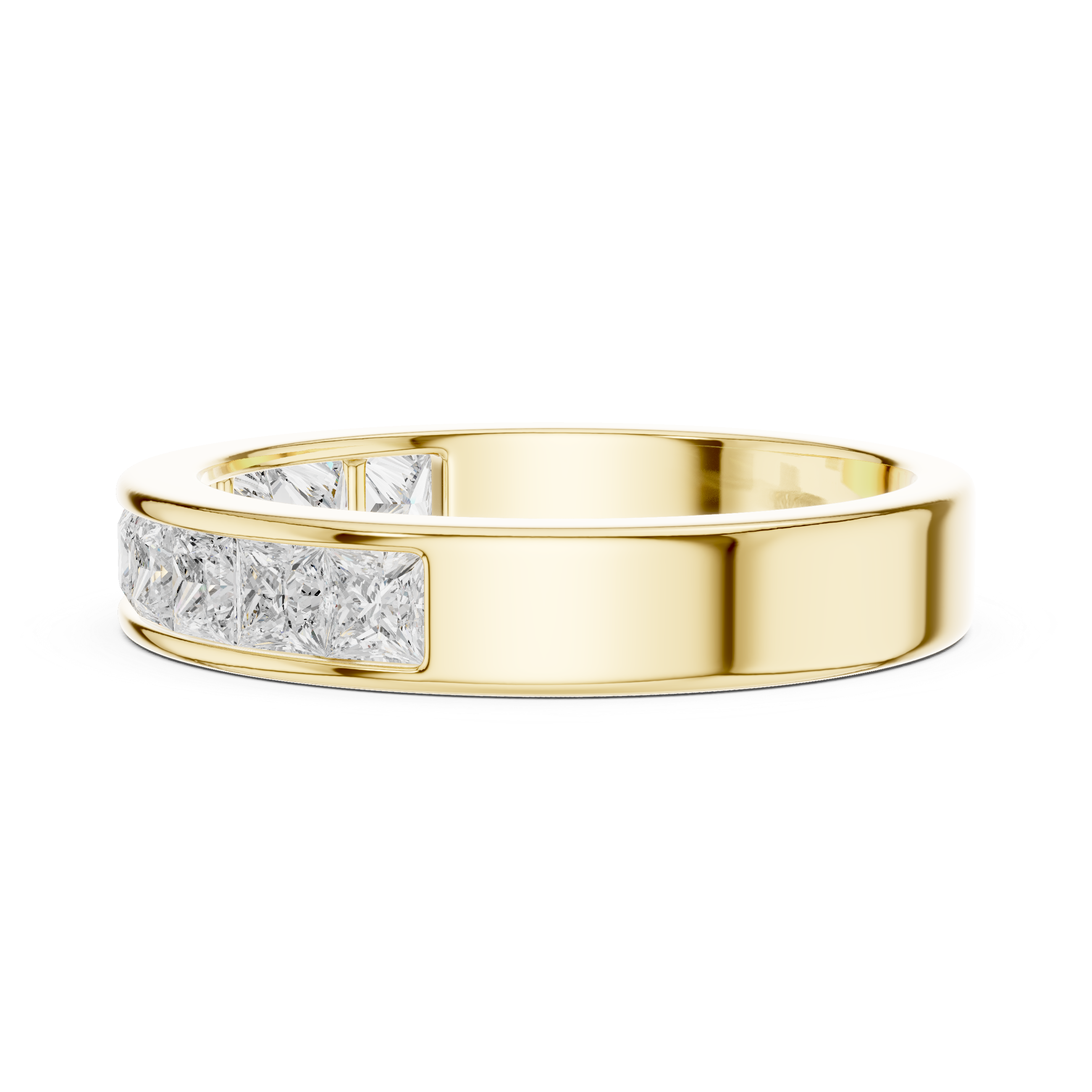 Gold ring with diamond accents on a white background