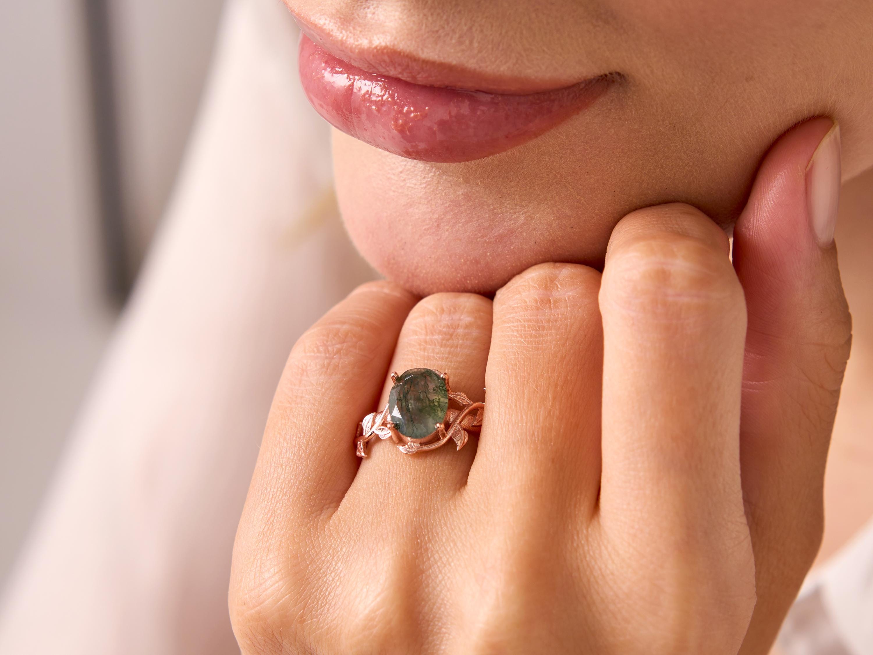 Moss Agate Engagement Ring, Moss Agate Ring Twigs