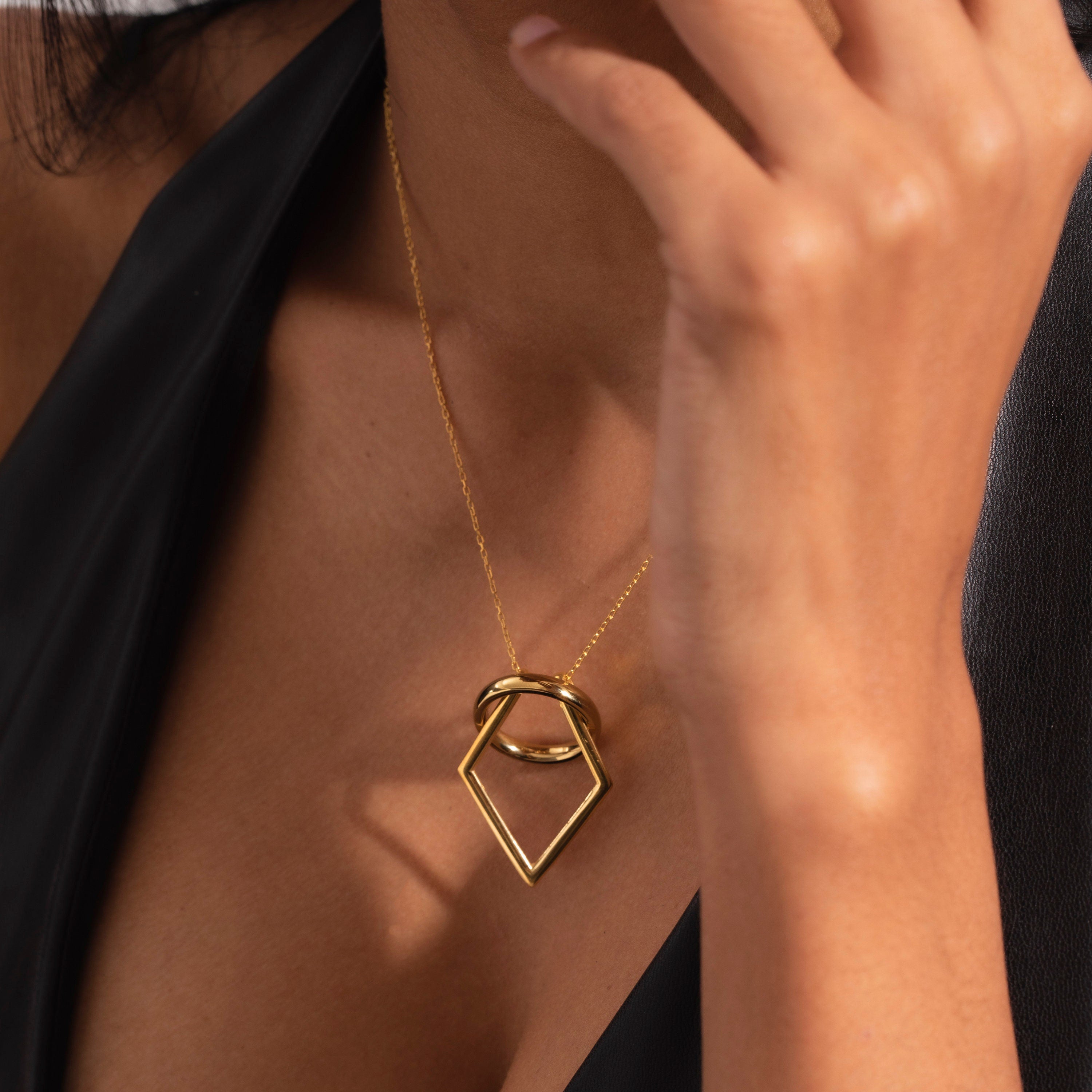 14K Solid Gold Ring Holder Necklace Geometric, Wedding Ring Keeper Pendant Jewelry