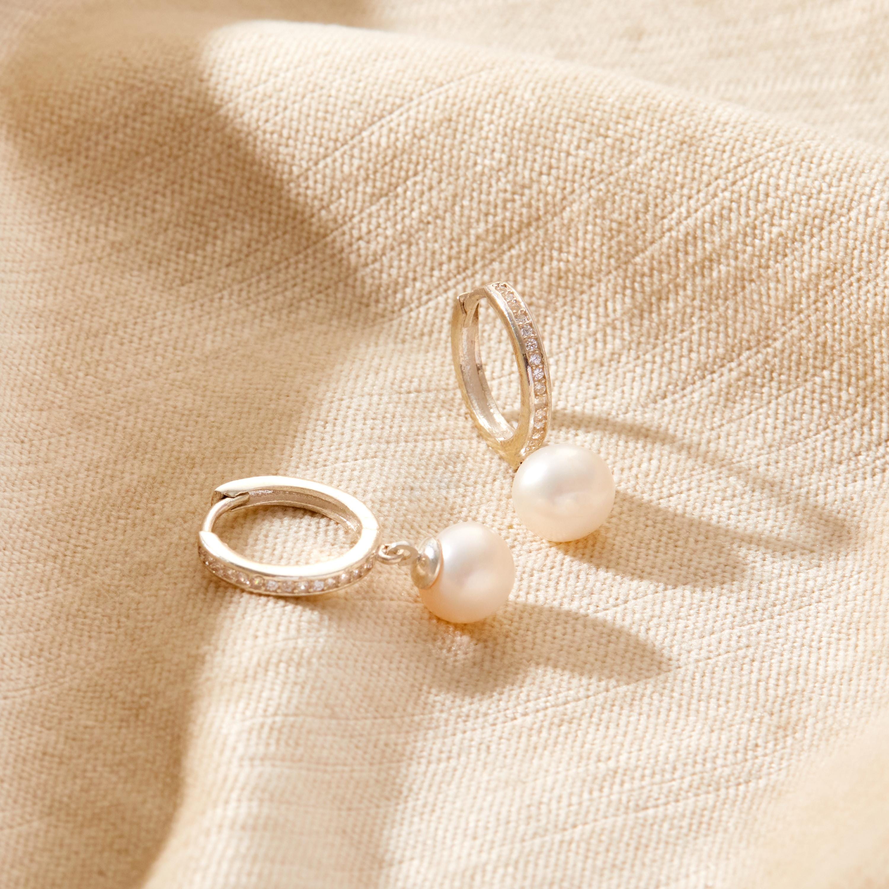 Pearl Drop Earrings, Diamond Pearl Hoop Earrings