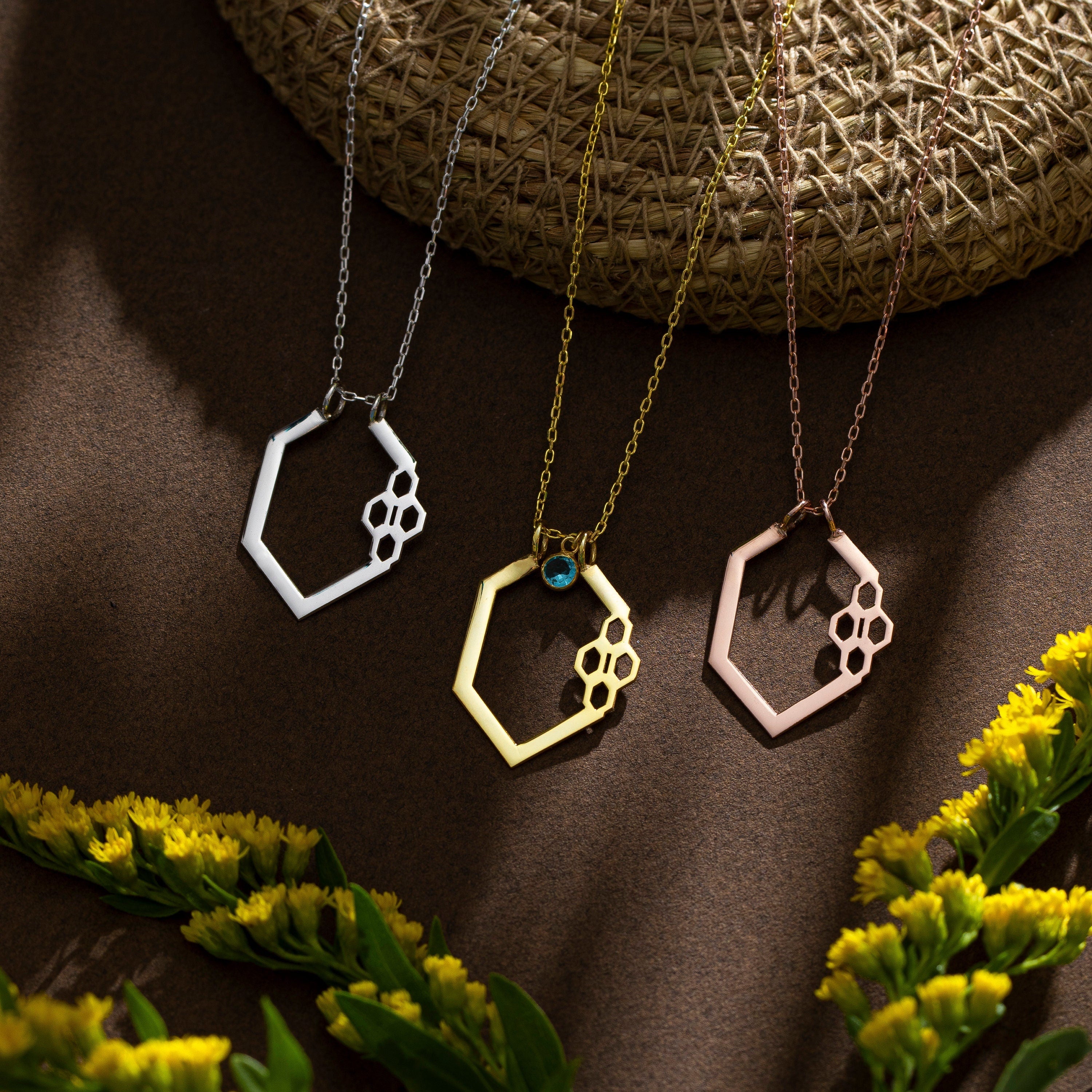 Honeycomb Ring Holder Necklace with Birthstone