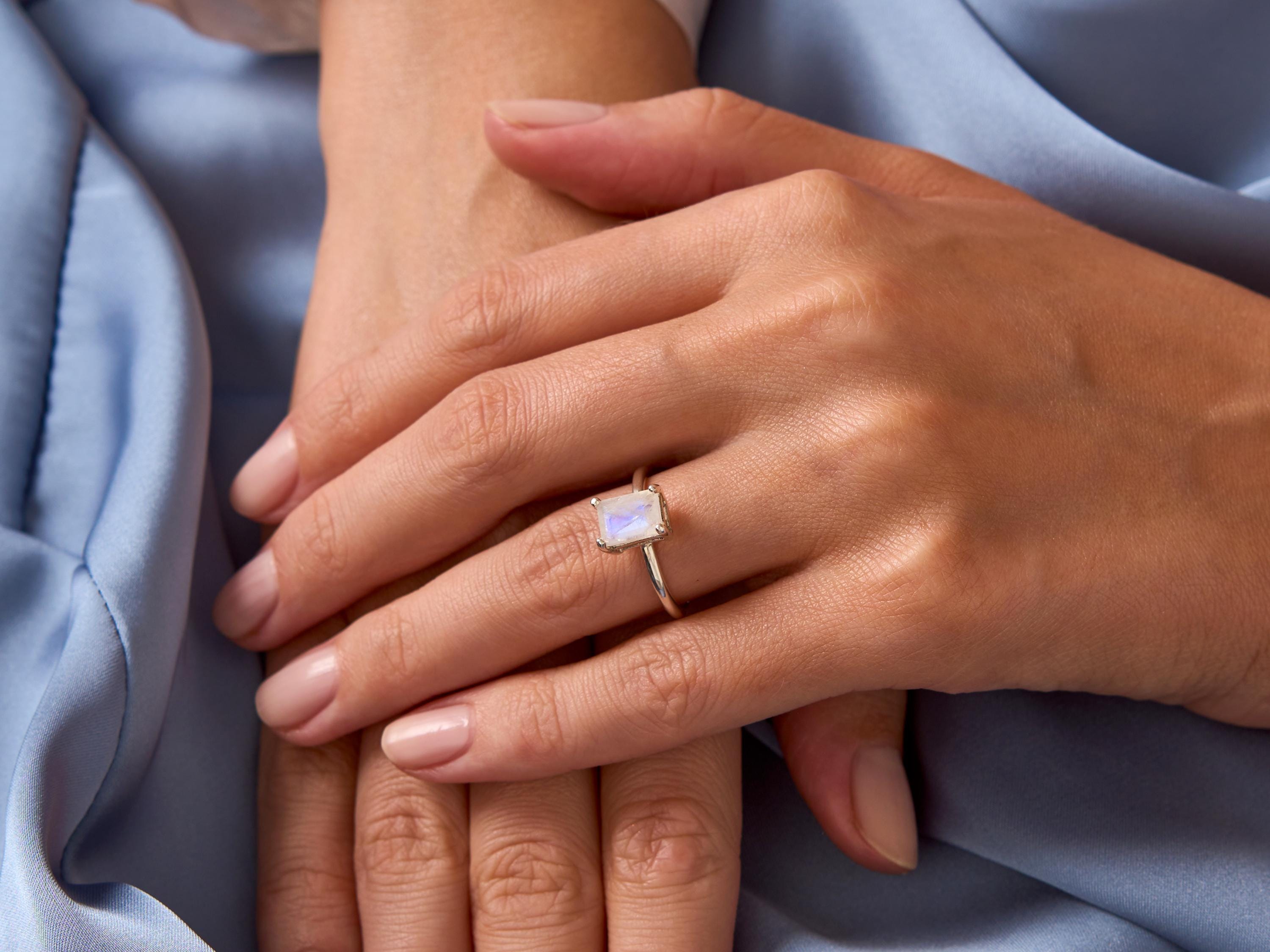 Emerald Cut Moonstone Ring: 925 Sterling Silver Rainbow Jewelry