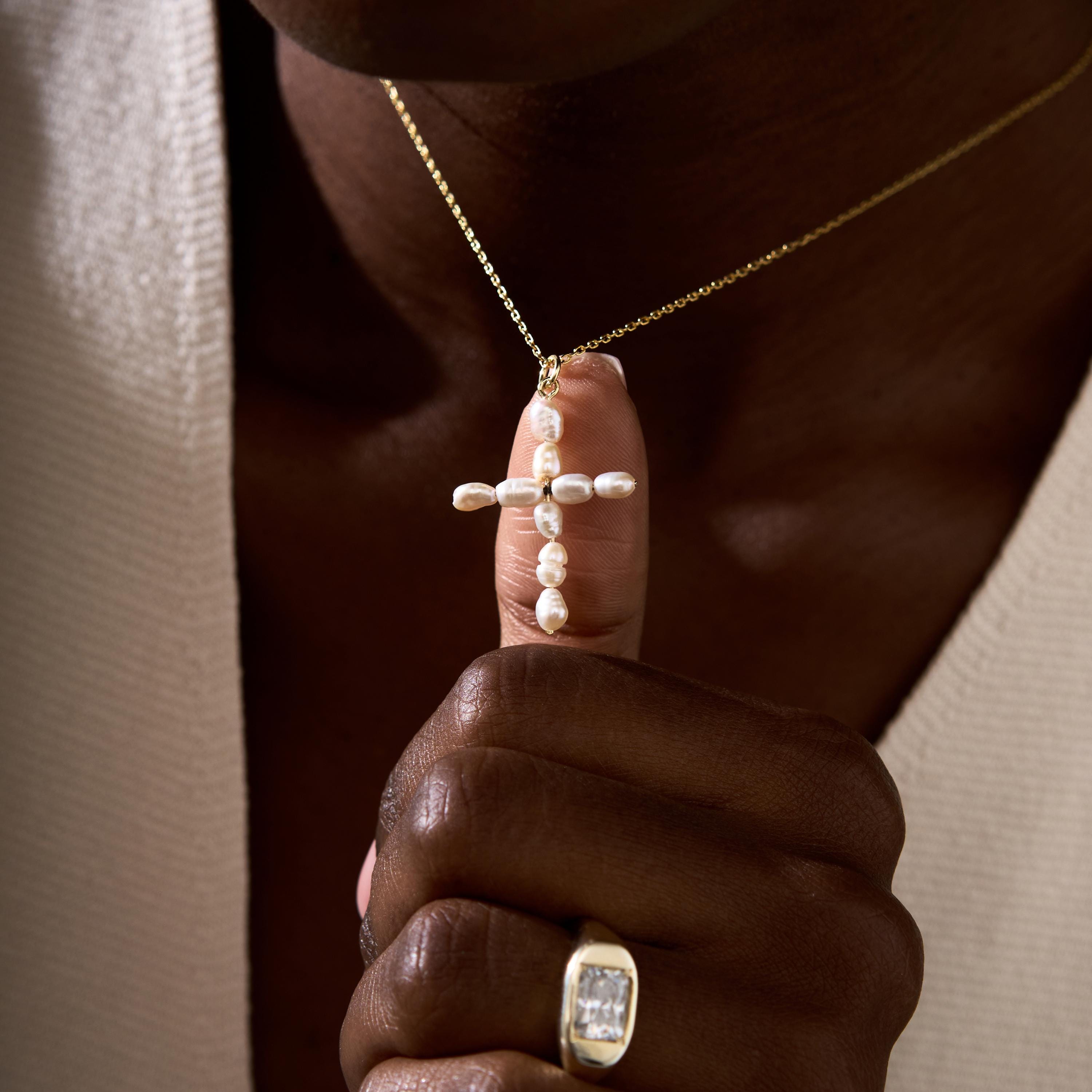 Pearl Cross Necklace, Dainty Sterling Silver Crucifix Pendant