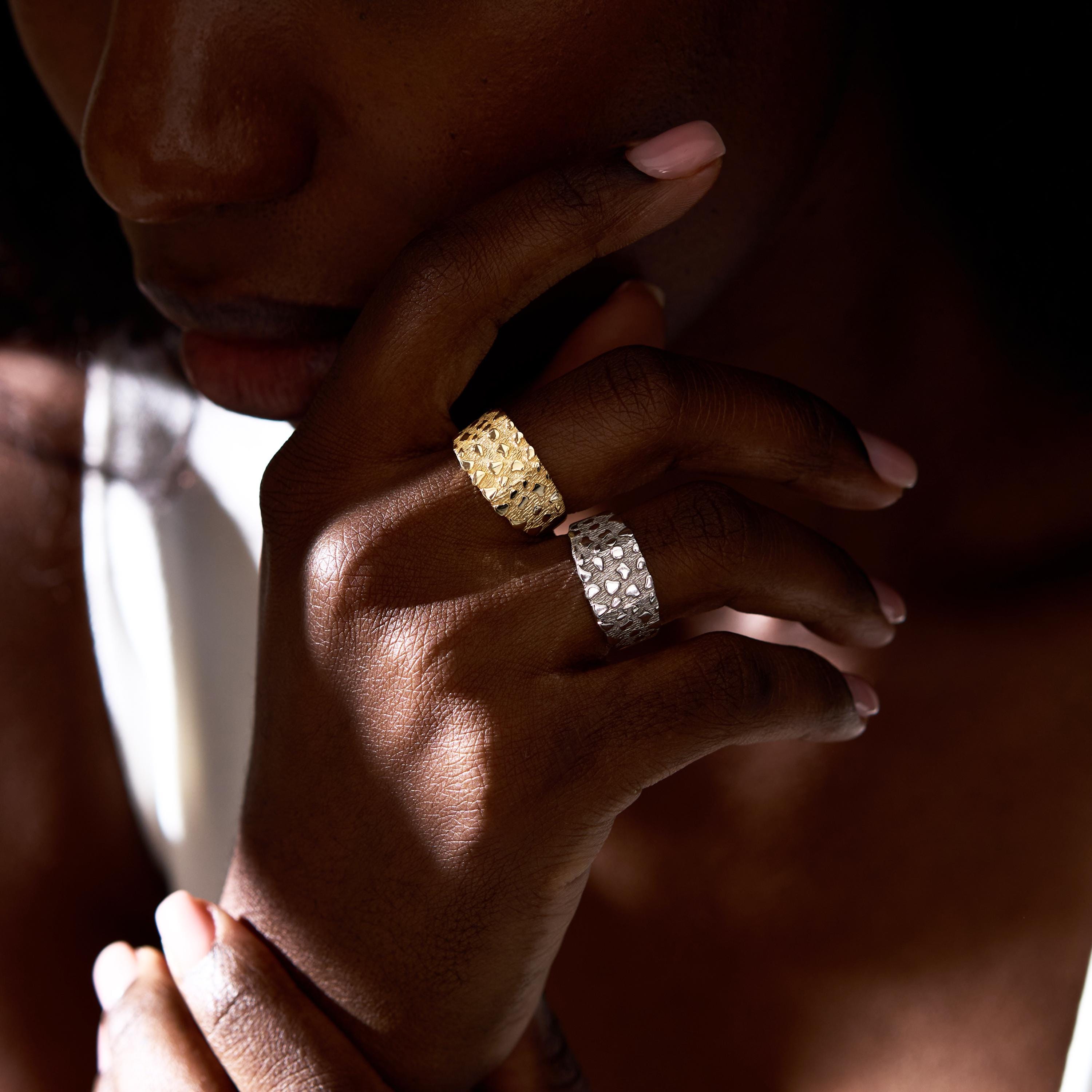 14K Solid Gold Nugget Ring Woman, Chunky Textured Signet Style Statement Ring
