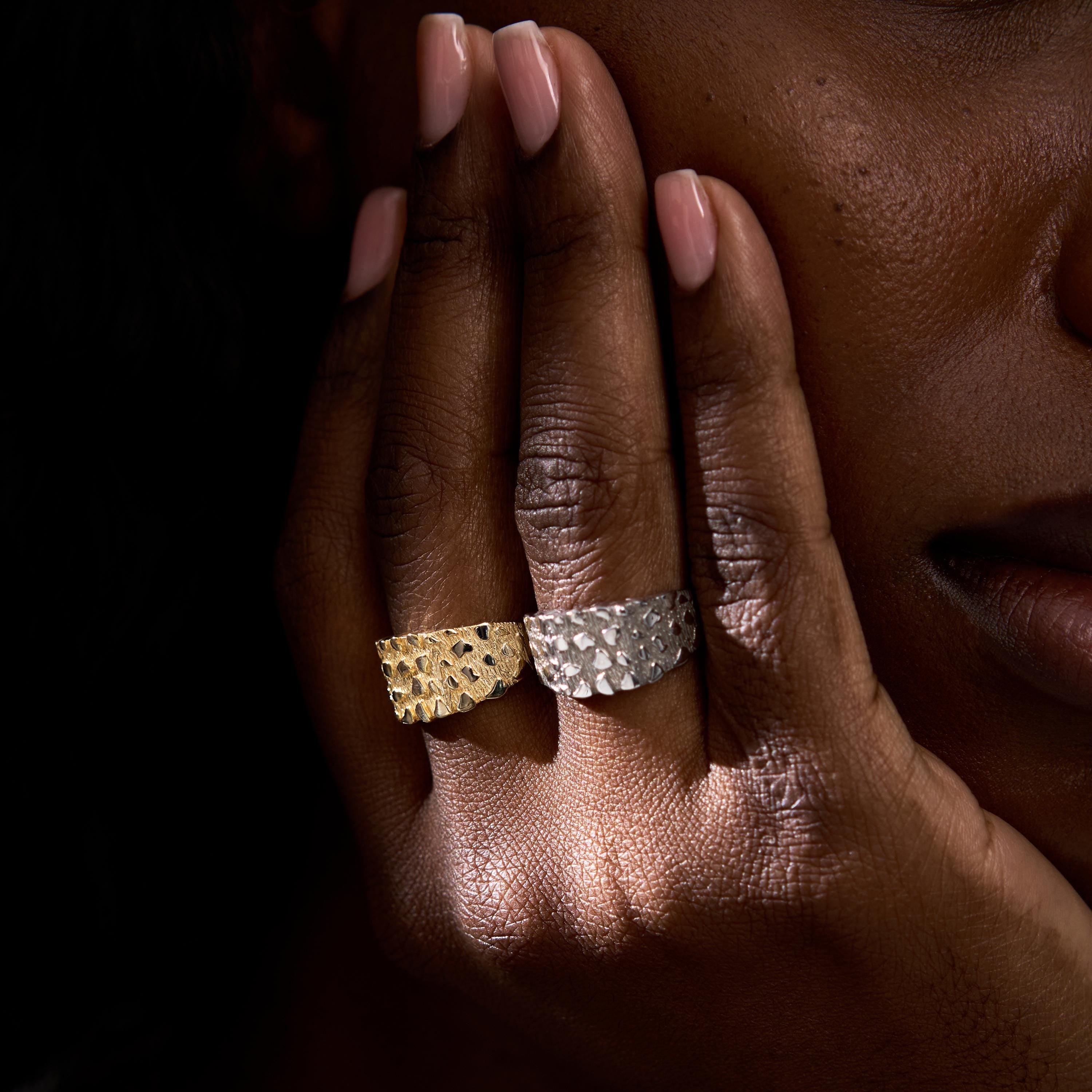 14K Solid Gold Nugget Ring Woman, Chunky Textured Signet Style Statement Ring