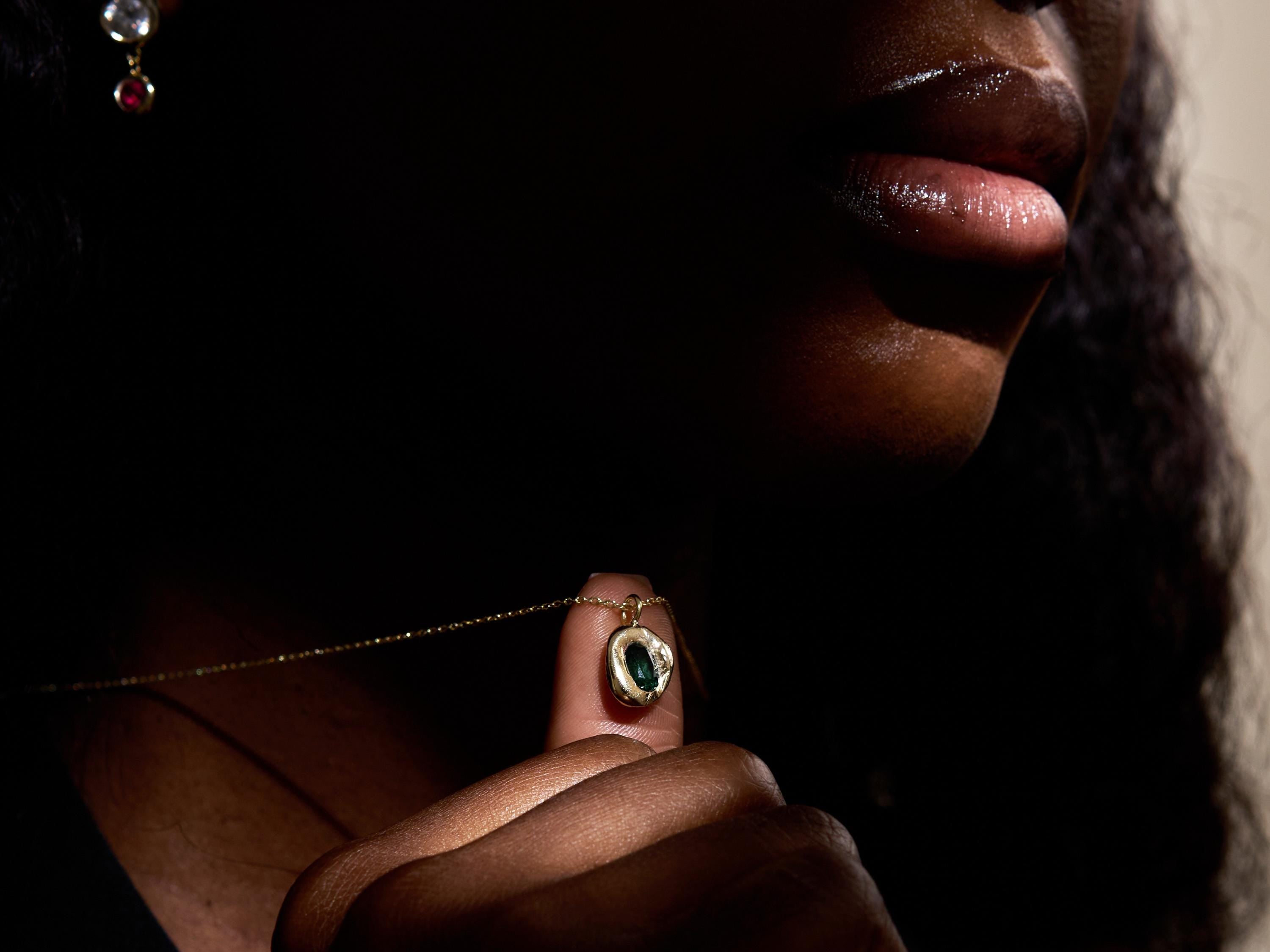 Lab Grown Sapphire Necklace, Pink Sapphire Nugget Pendant, Poured Silver Green Gemstones