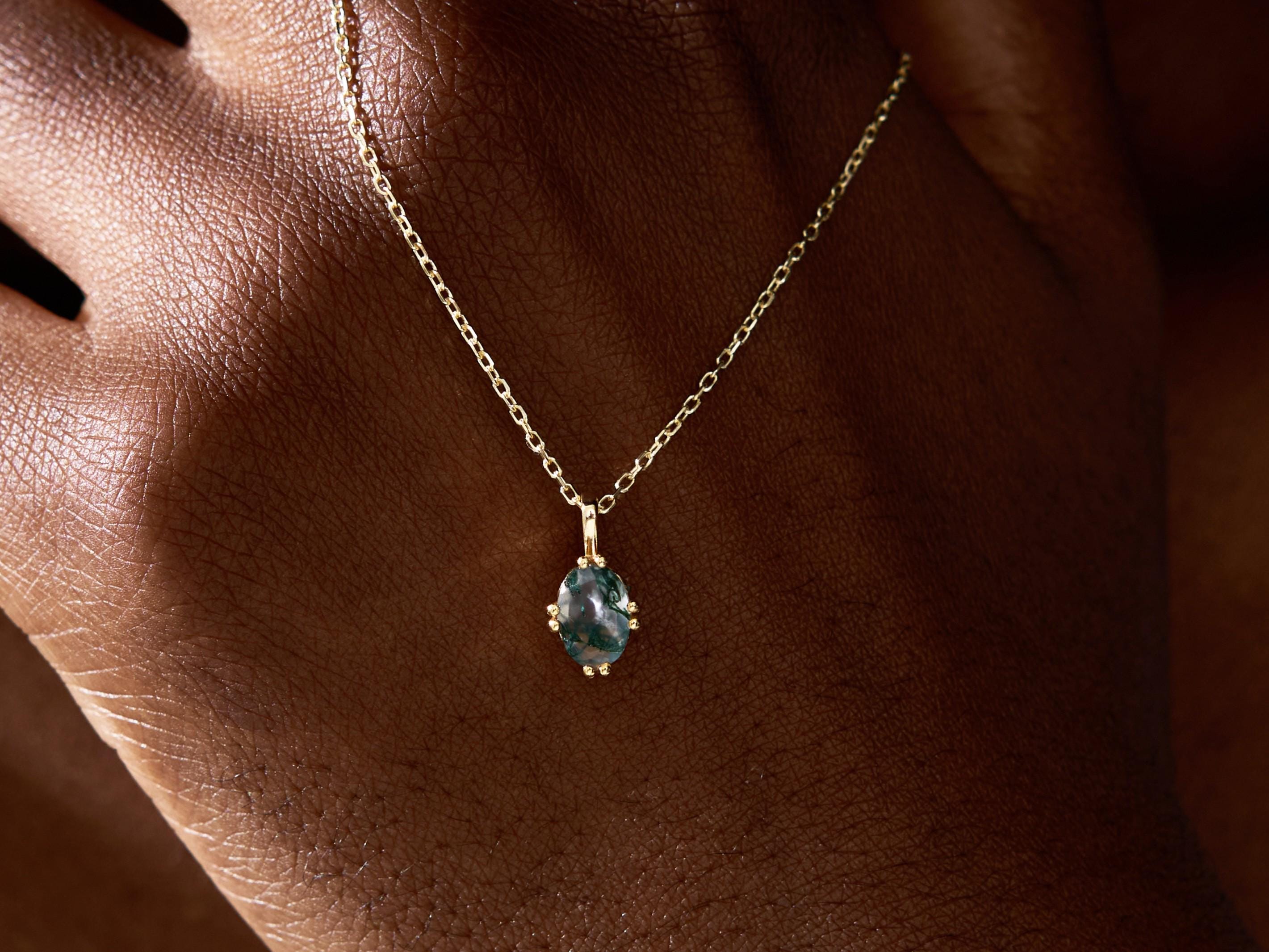 Oval Moss Agate Necklace, Natural Green Agate Pendant, Claw Prongs Moss Gemstone