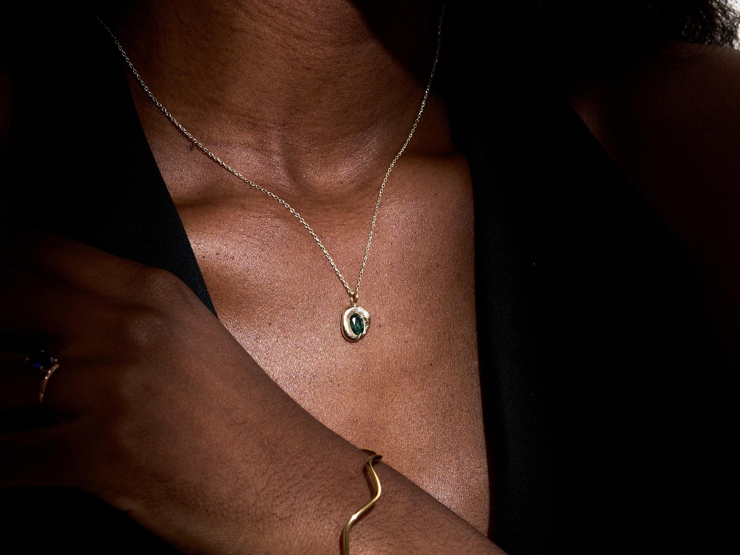 Lab Grown Sapphire Necklace, Pink Sapphire Nugget Pendant, Poured Silver Green Gemstones