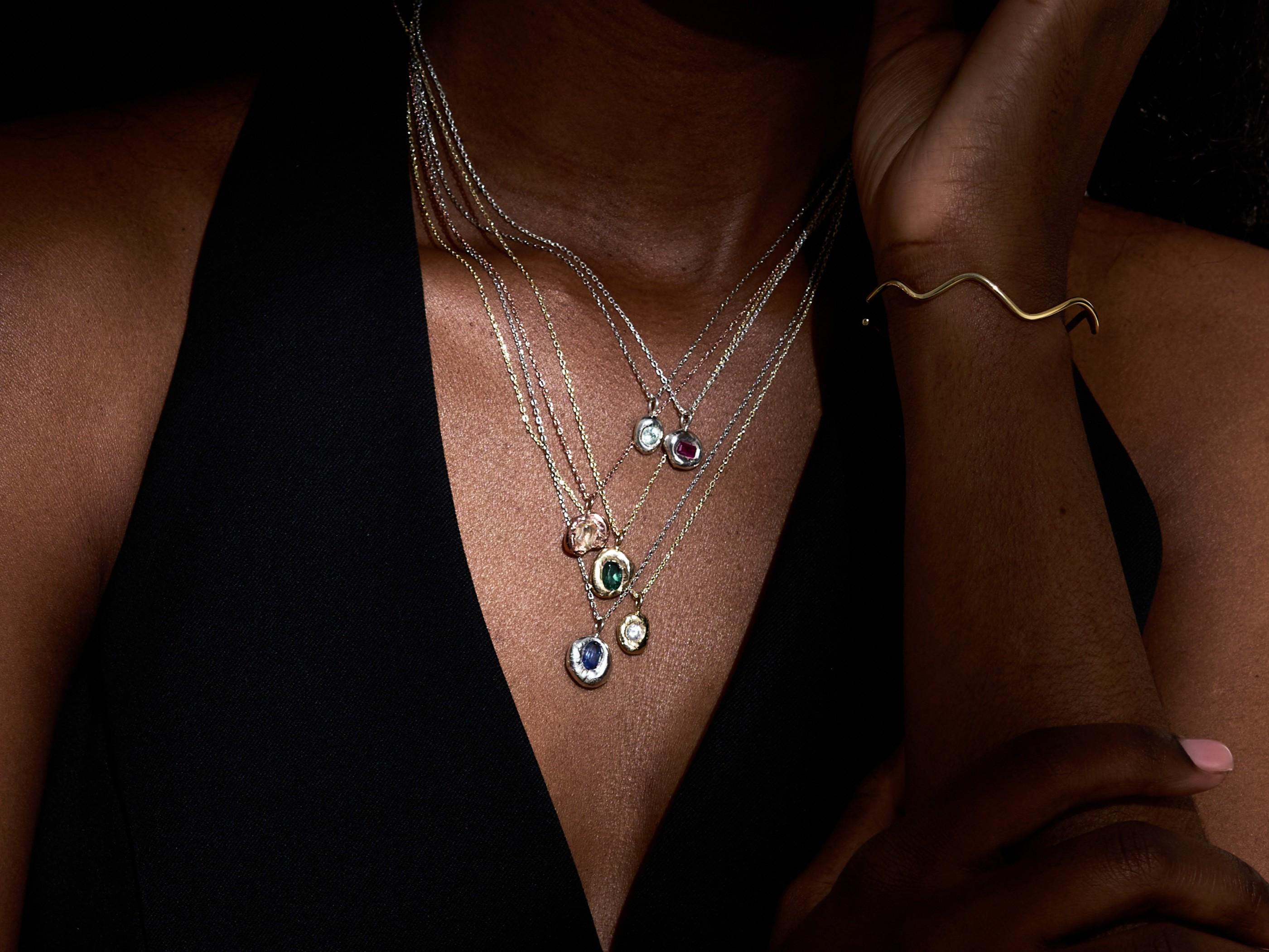 Lab Grown Sapphire Necklace, Pink Sapphire Nugget Pendant, Poured Silver Green Gemstones