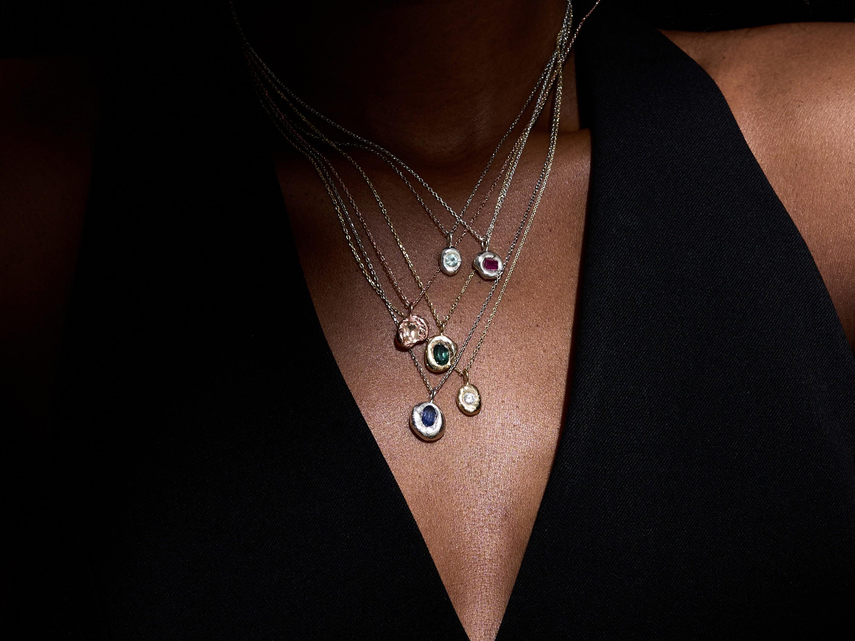 Lab Grown Sapphire Necklace, Pink Sapphire Nugget Pendant, Poured Silver Green Gemstones