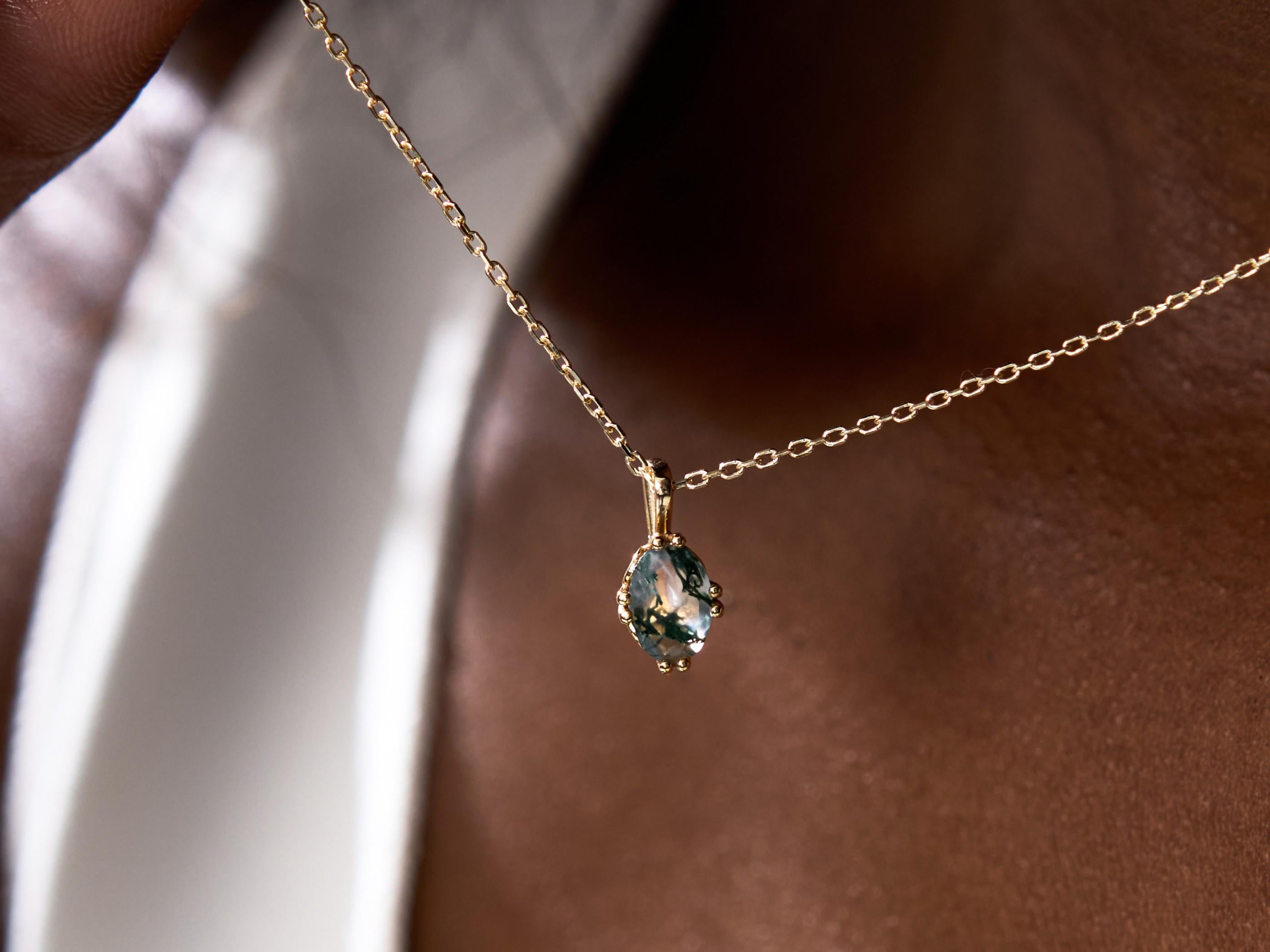 Oval Moss Agate Necklace, Natural Green Agate Pendant, Claw Prongs Moss Gemstone