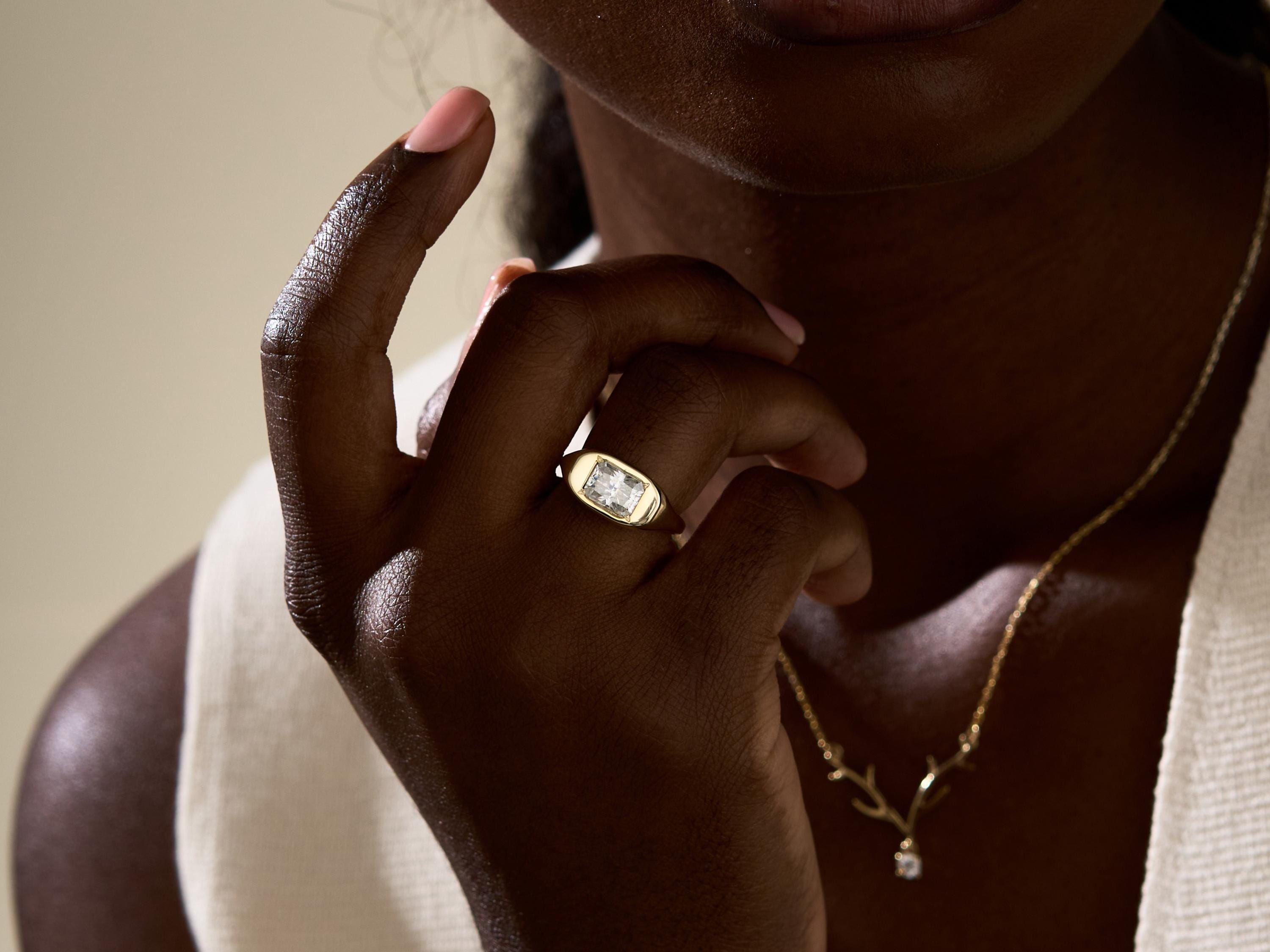 Diamond Signet Ring, 14K Gold Women Signet Rings, Lab Grown East West Jewelry