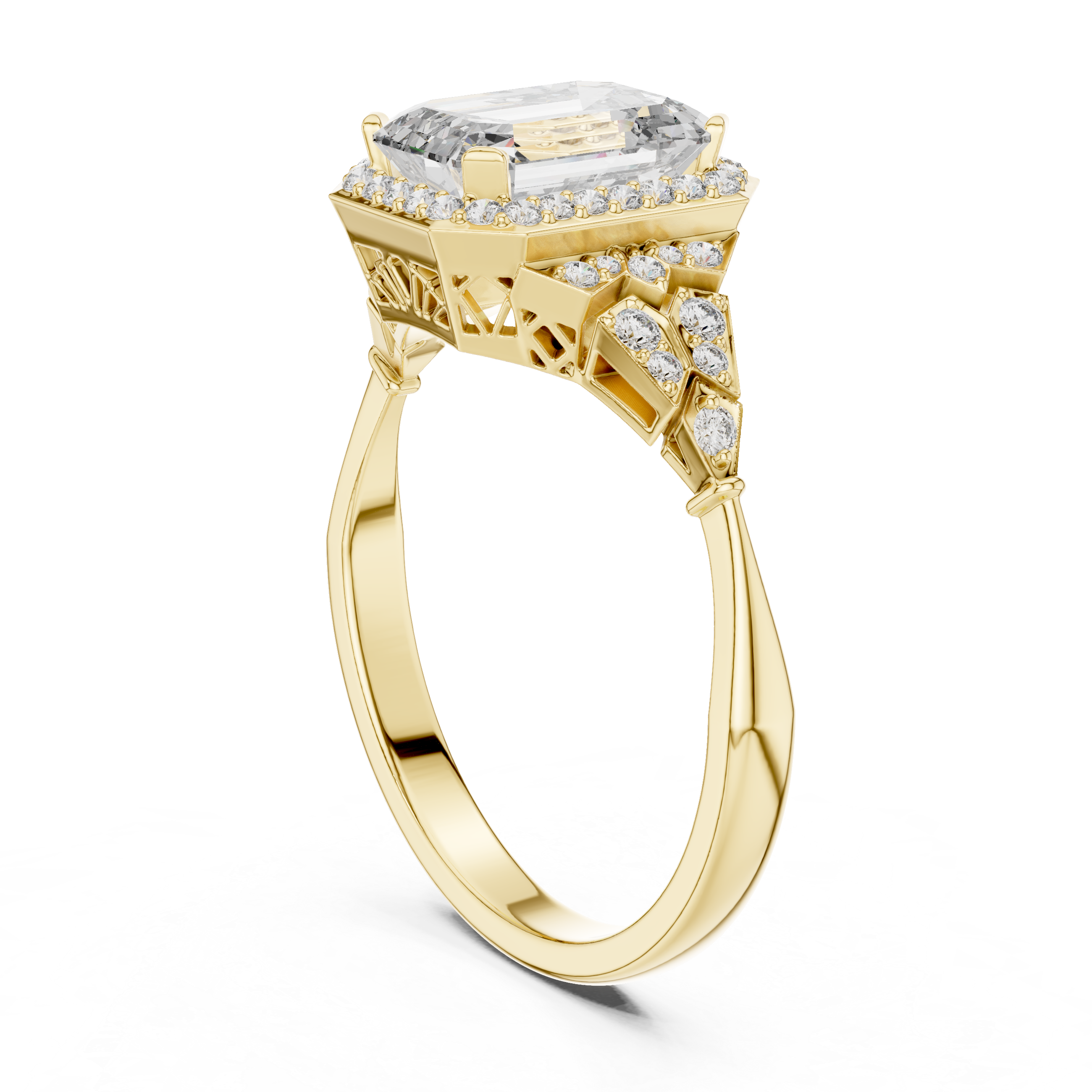 Muur Atelier Solid Gold Emerald Cut Vintage Diamond Halo with Filigree Detail