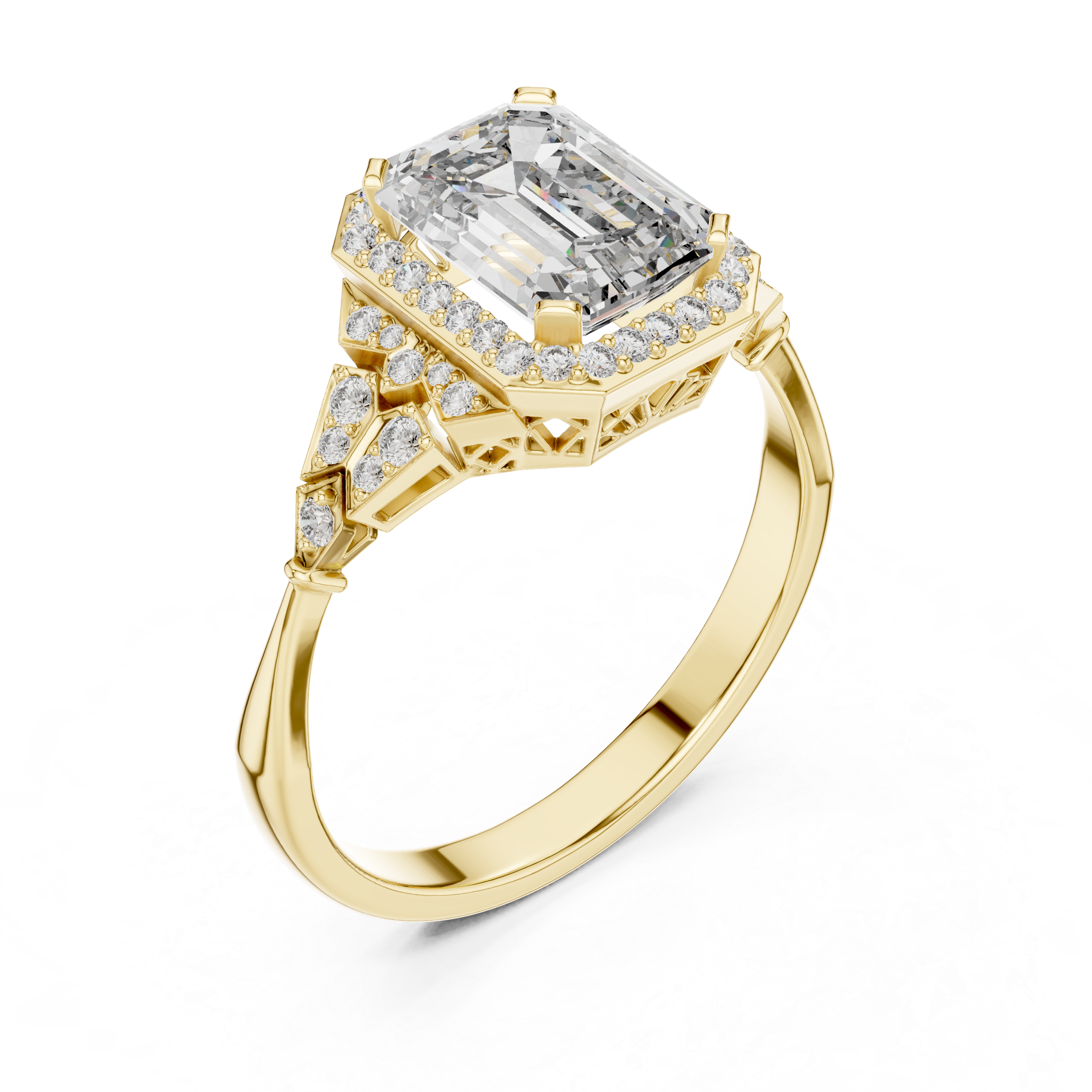 Muur Atelier Solid Gold Emerald Cut Vintage Diamond Halo with Filigree Detail