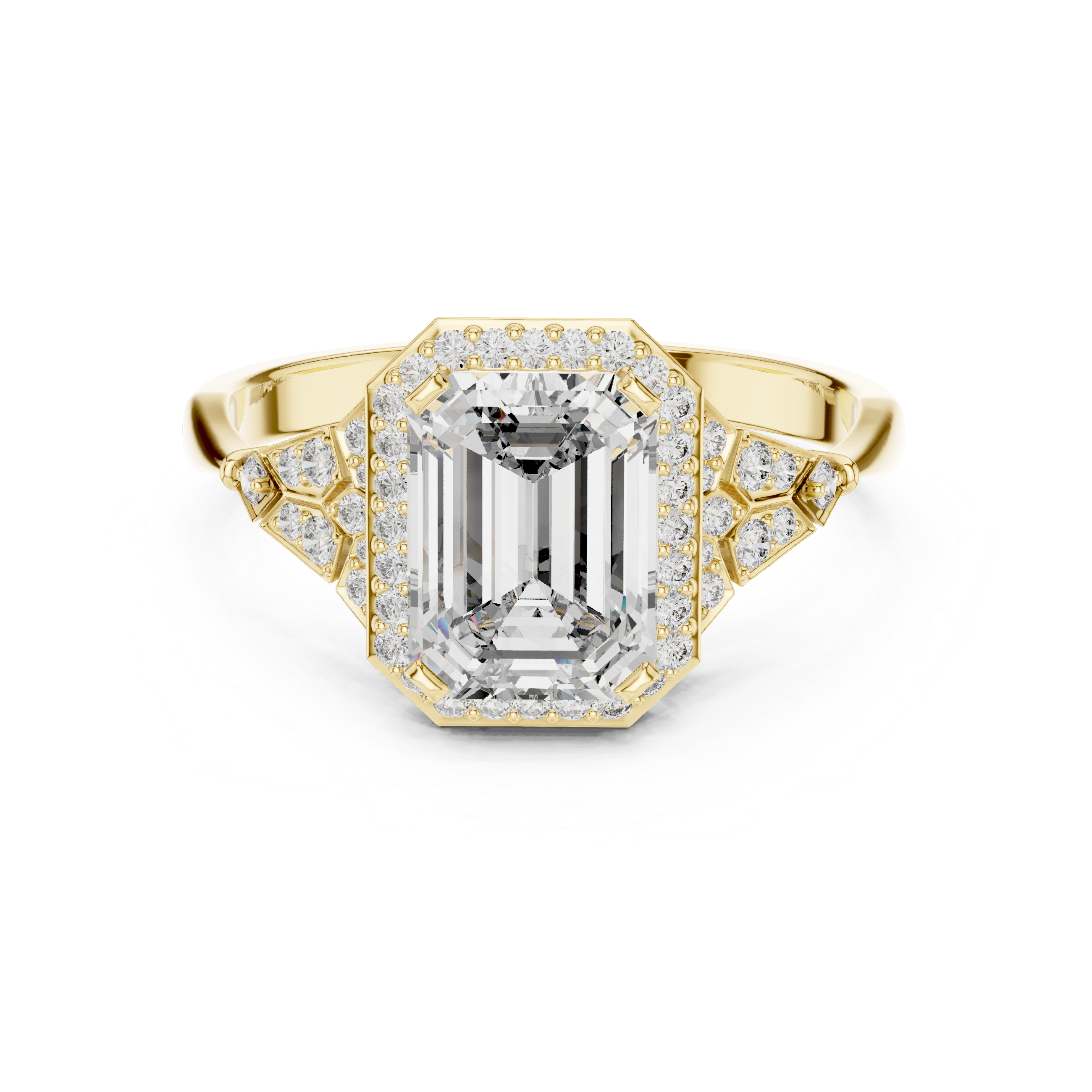 Muur Atelier Solid Gold Emerald Cut Vintage Diamond Halo with Filigree Detail