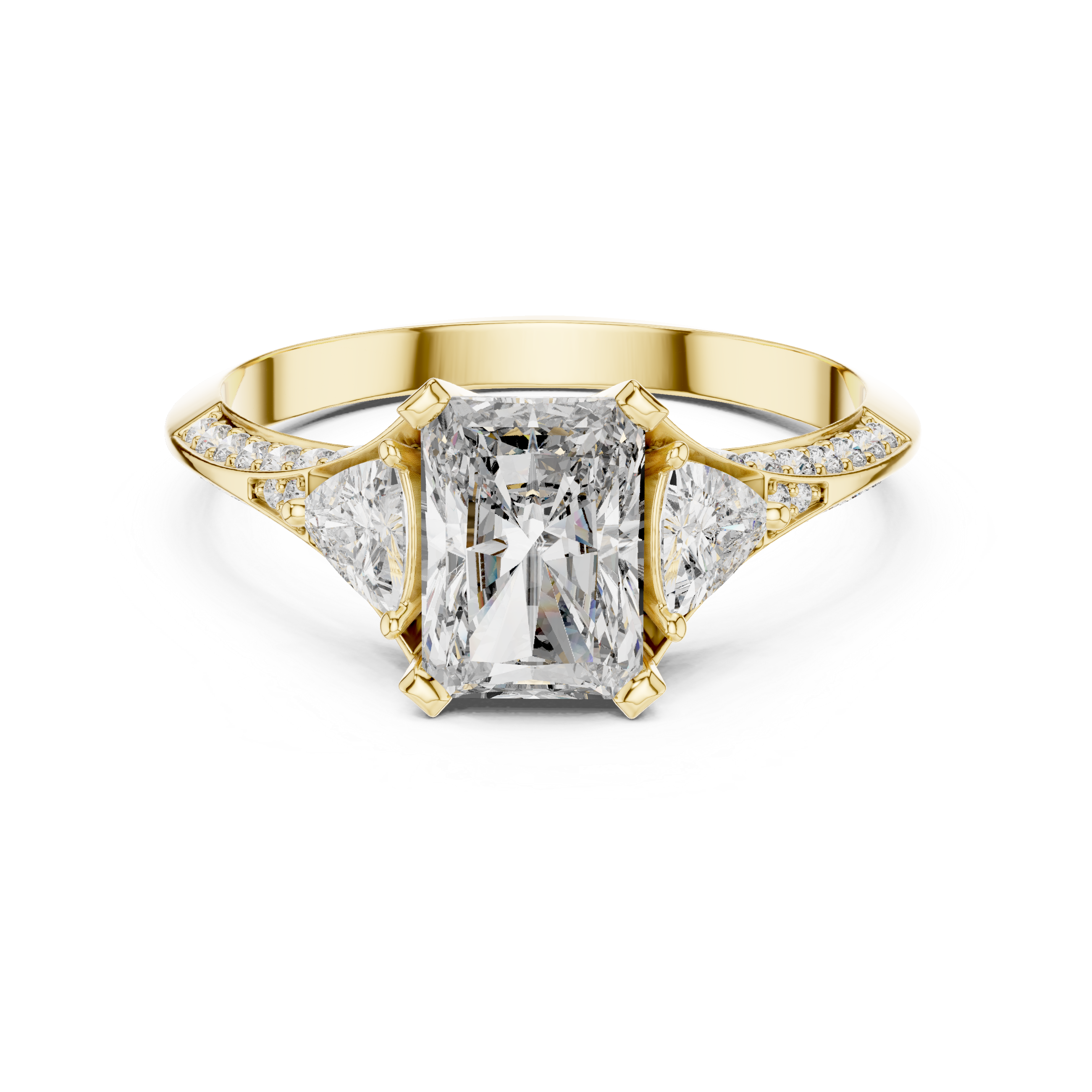 Gold ring with a large diamond and smaller diamonds on a white background