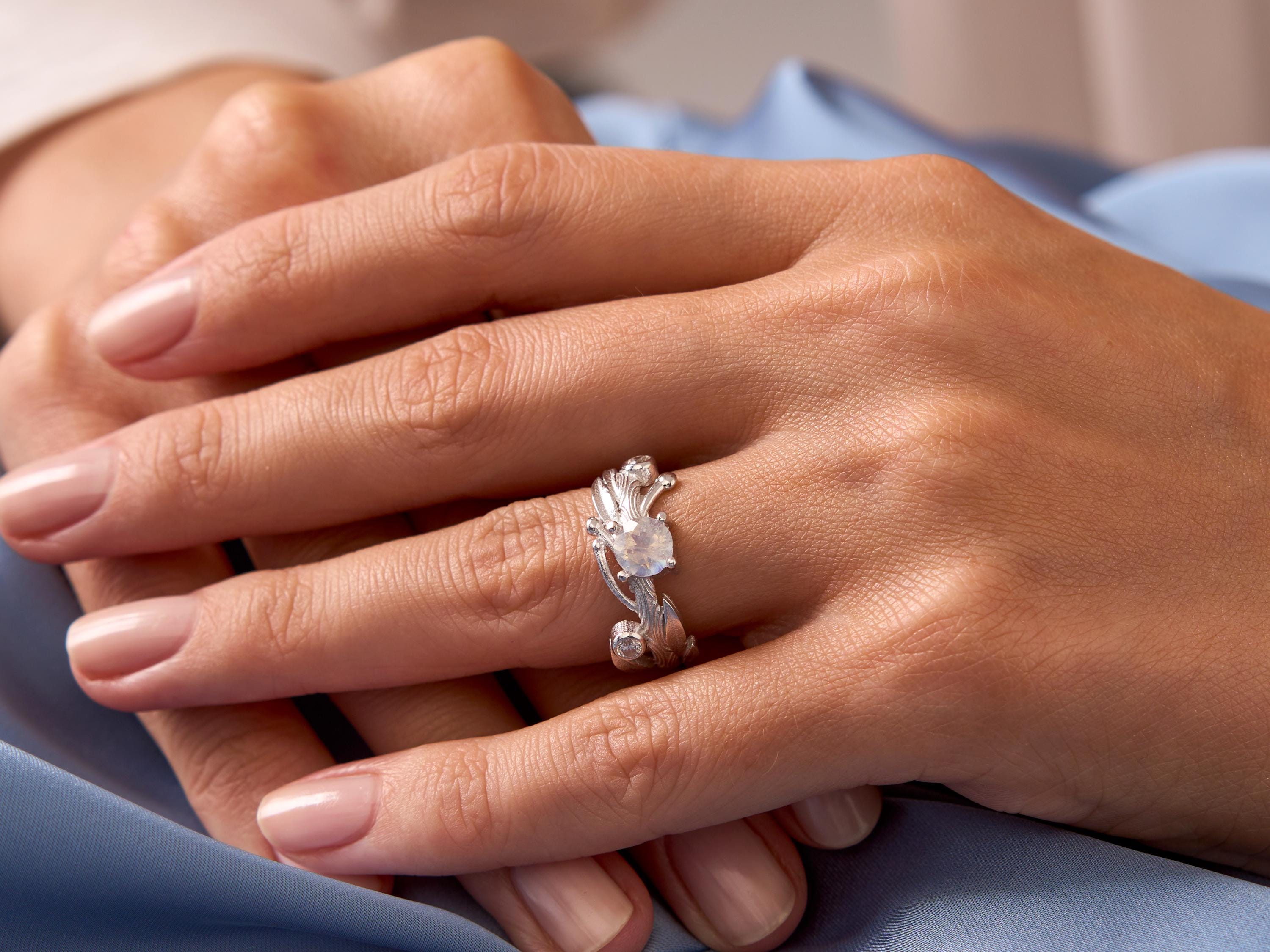 Moon Stone Leaf Ring, Rainbow Moonstone Ring Silver