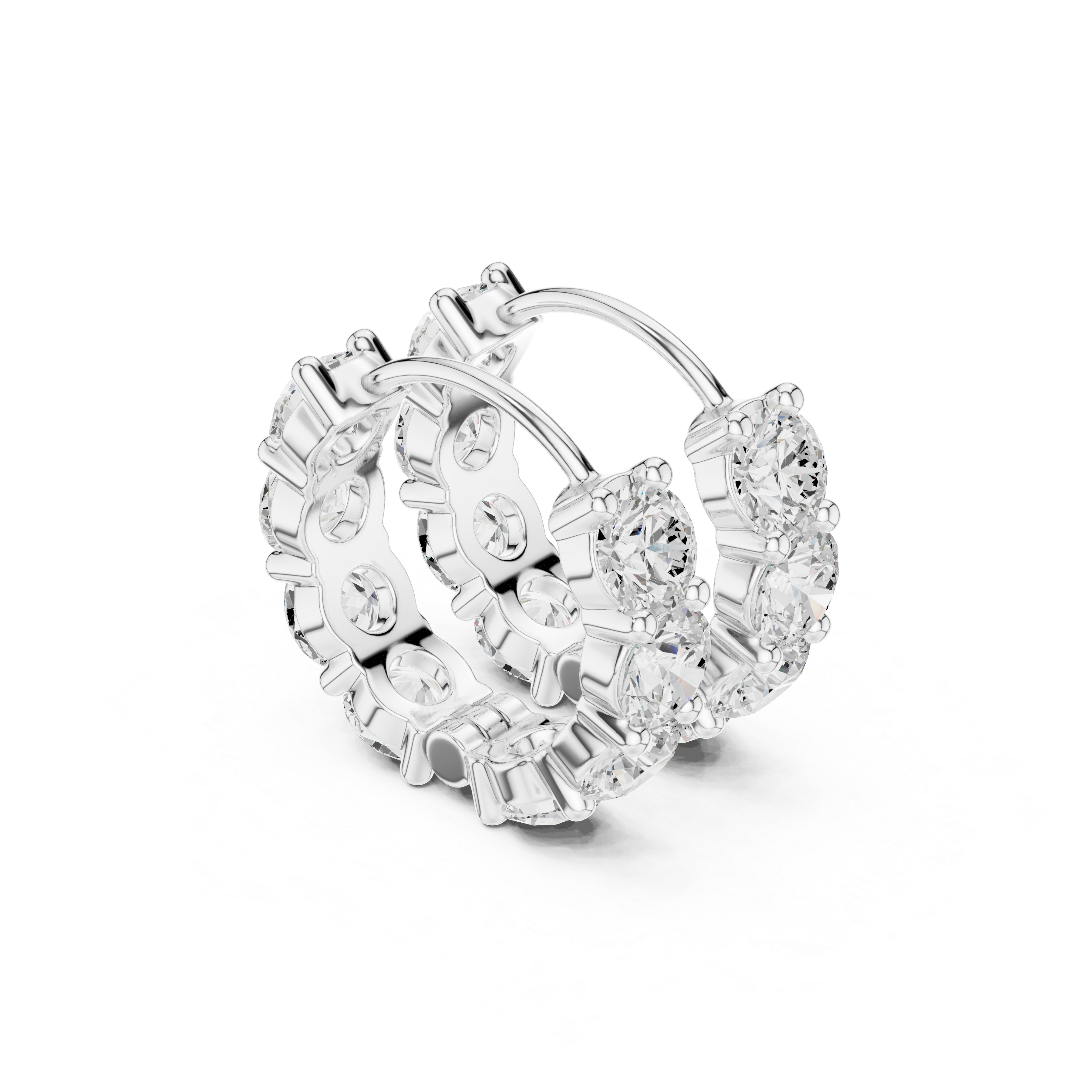 Silver hoop earring with clear gemstones on a white background