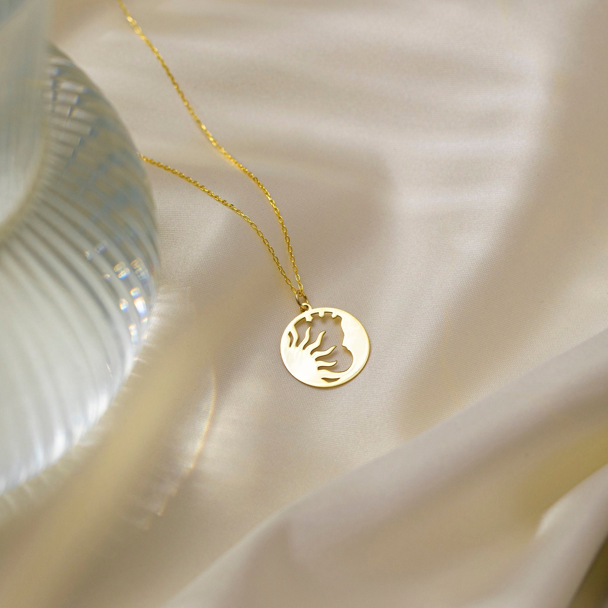 Sunburst Necklace Gold, Gold Moon Sun Necklace