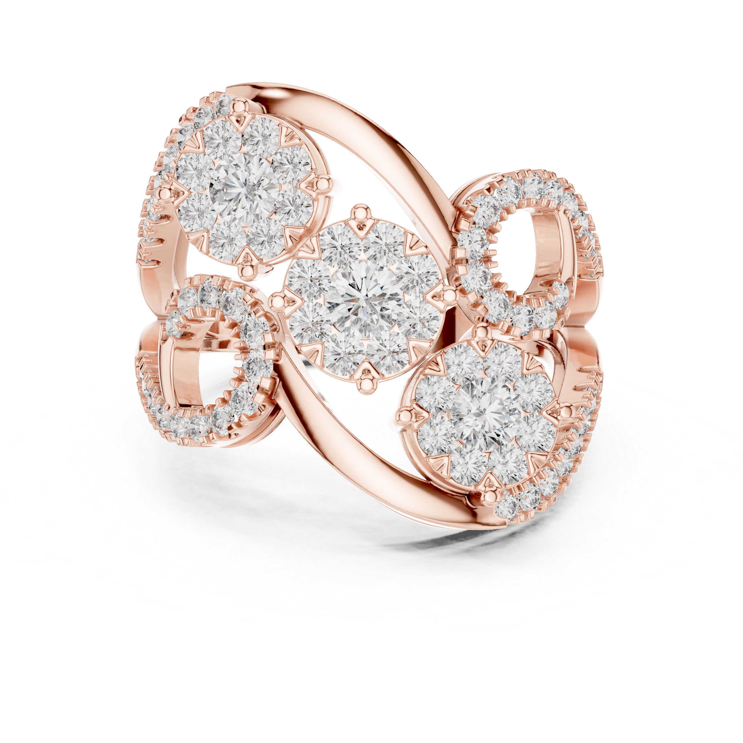 Muur Atelier Solid Gold Triple Floral Cluster Diamond Ring with Swirling Pavé
