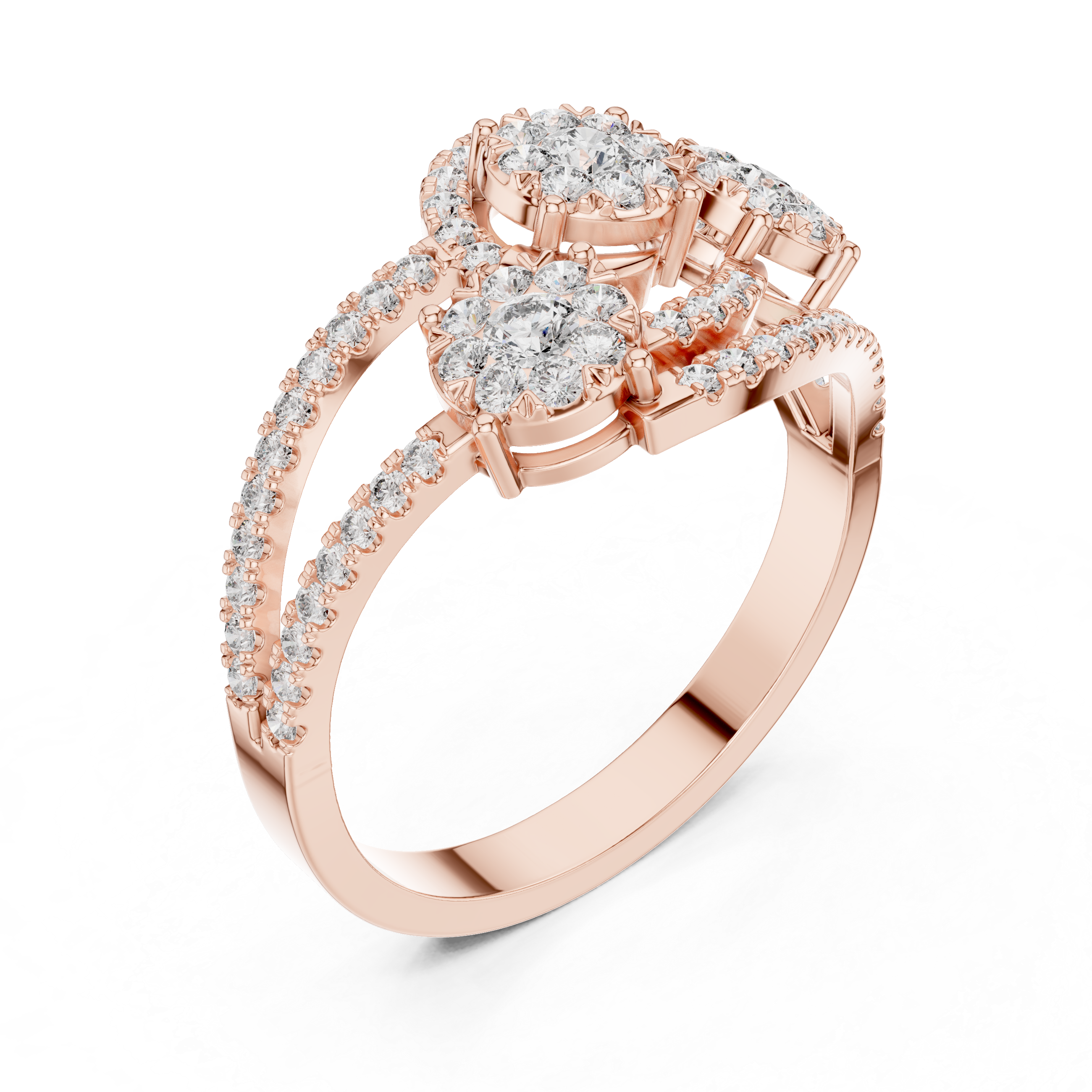 Muur Atelier Solid Gold Triple Floral Cluster Diamond Ring with Swirling Pavé Bands
