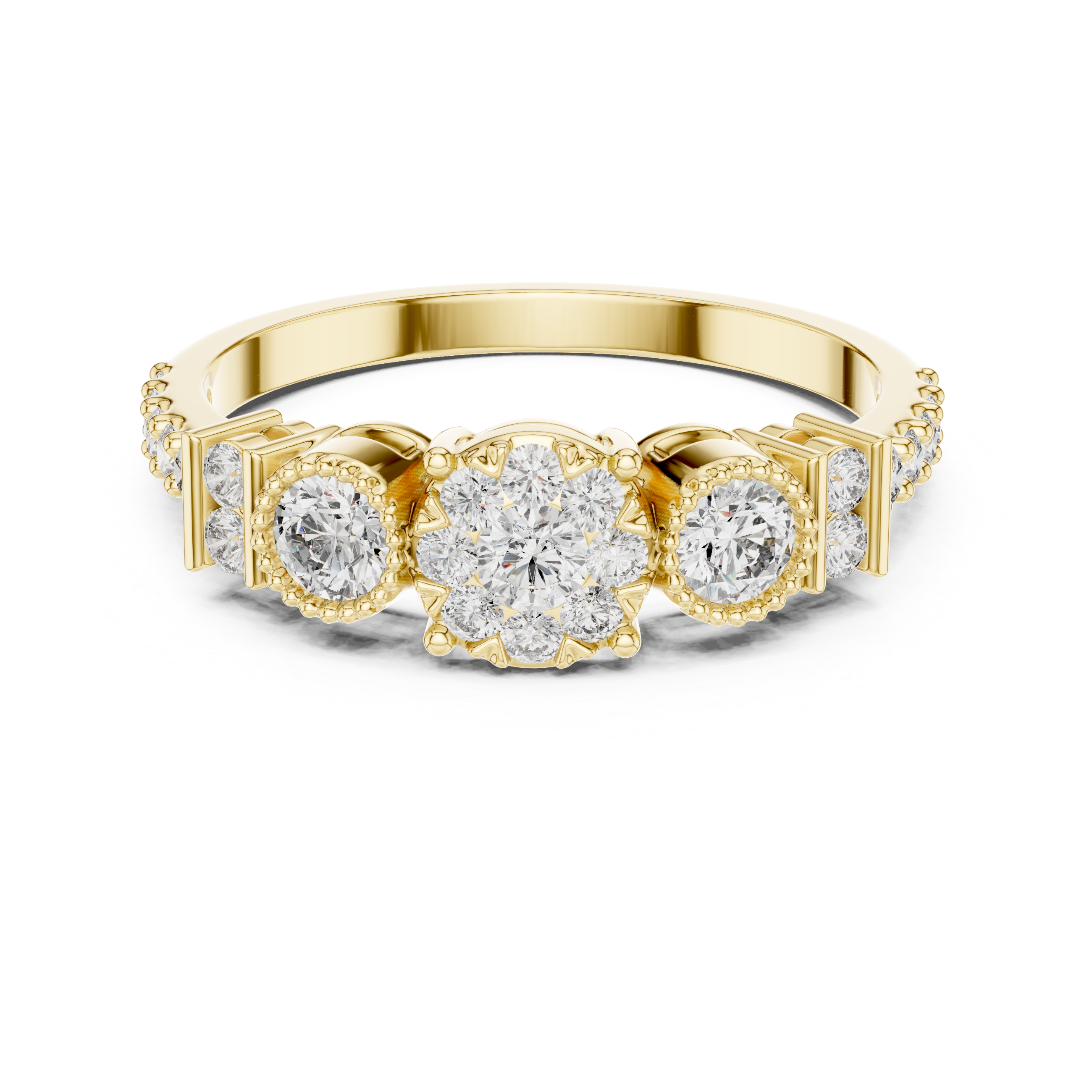 Muur Atelier Solid Gold Floral Cluster Trilogy Diamond Ring with Illusion Setting
